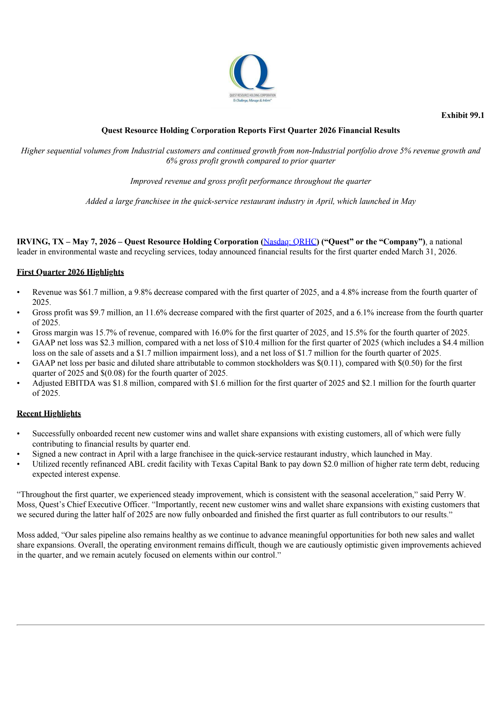 Quest Resource's Q1 2026 Press Release