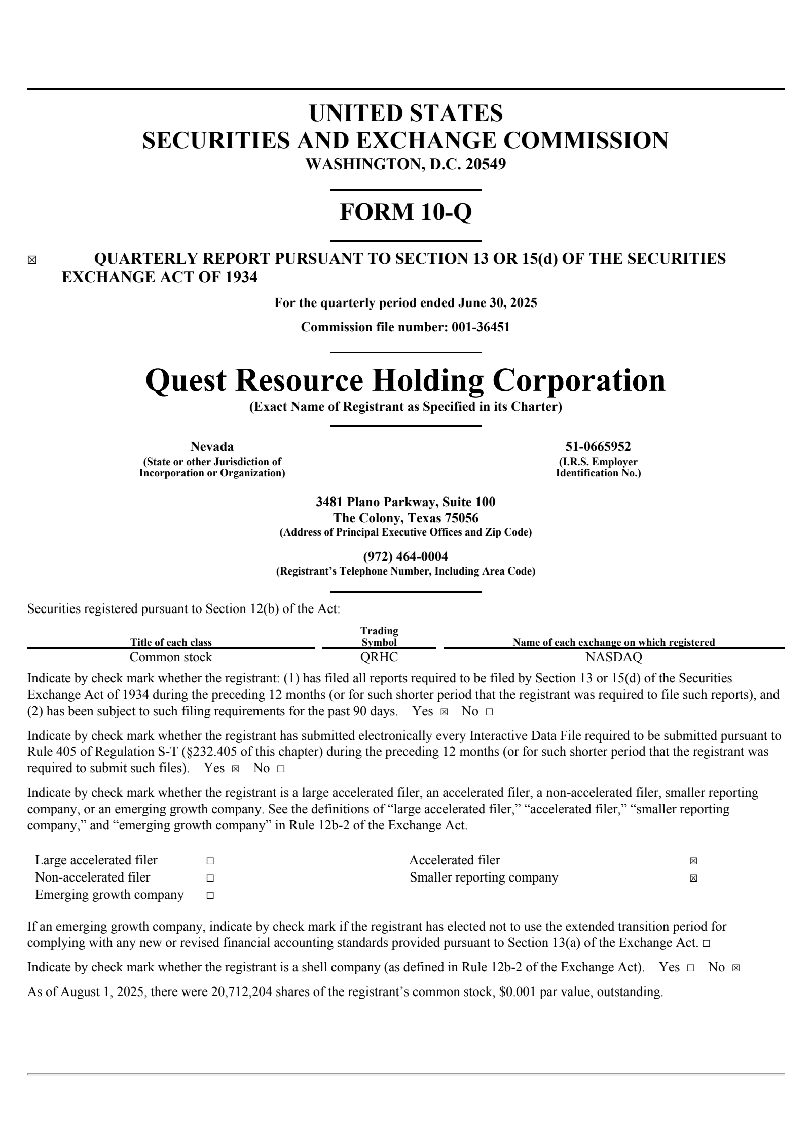 Quest Resource's Q2 2025 Quarterly report