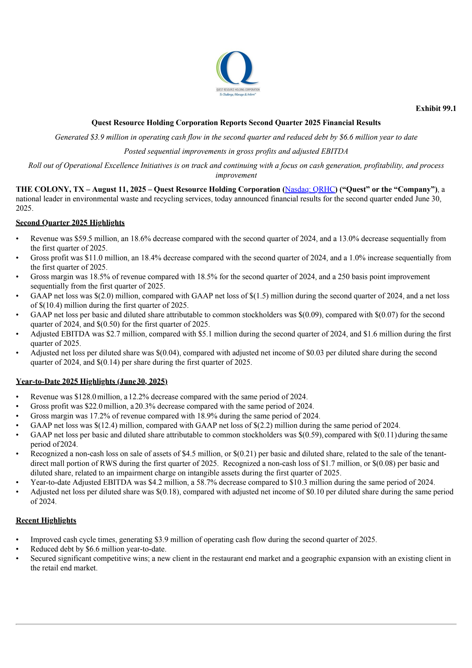 Quest Resource's Q2 2025 Press Release