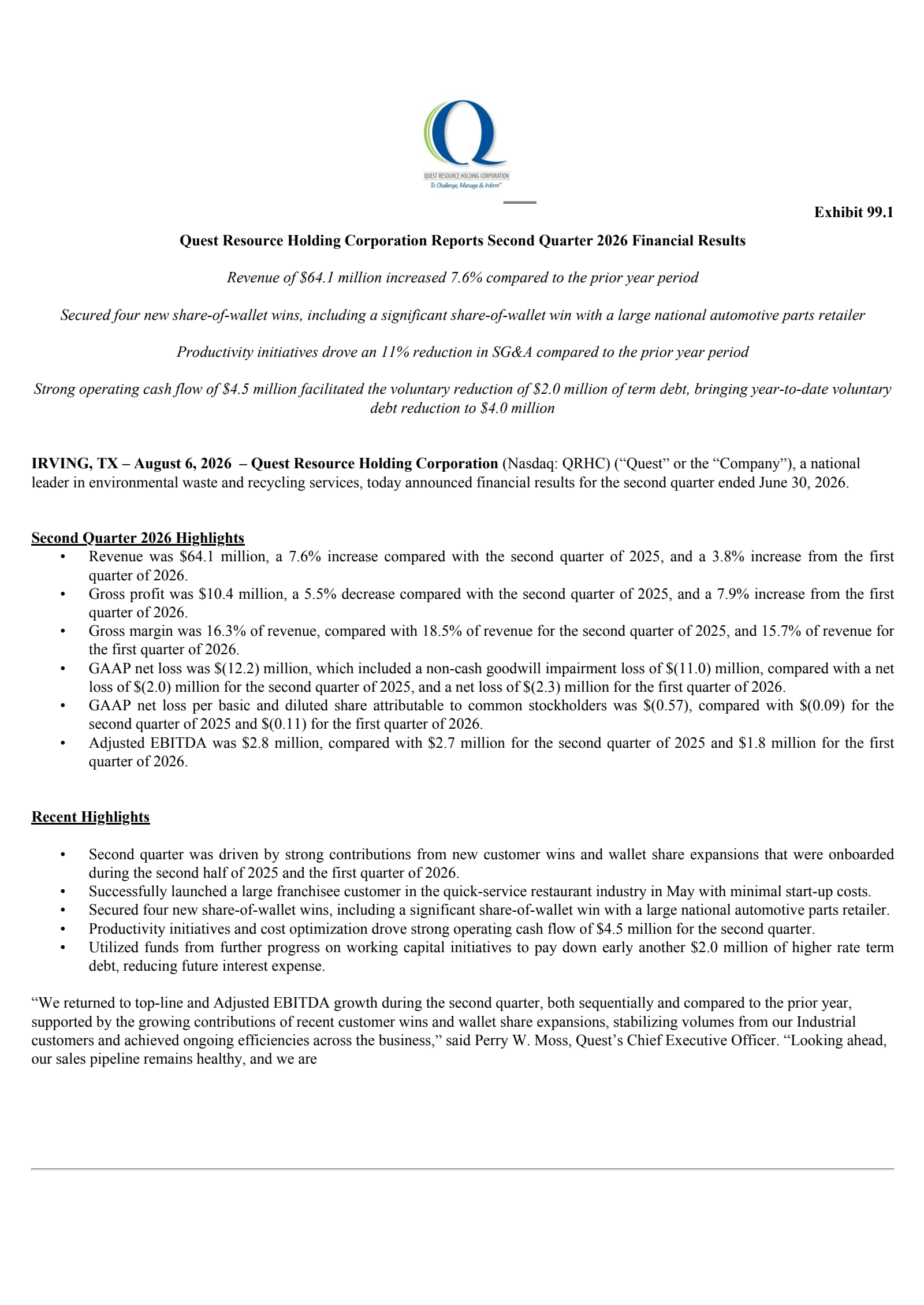 Quest Resource's Q2 2026 Press Release