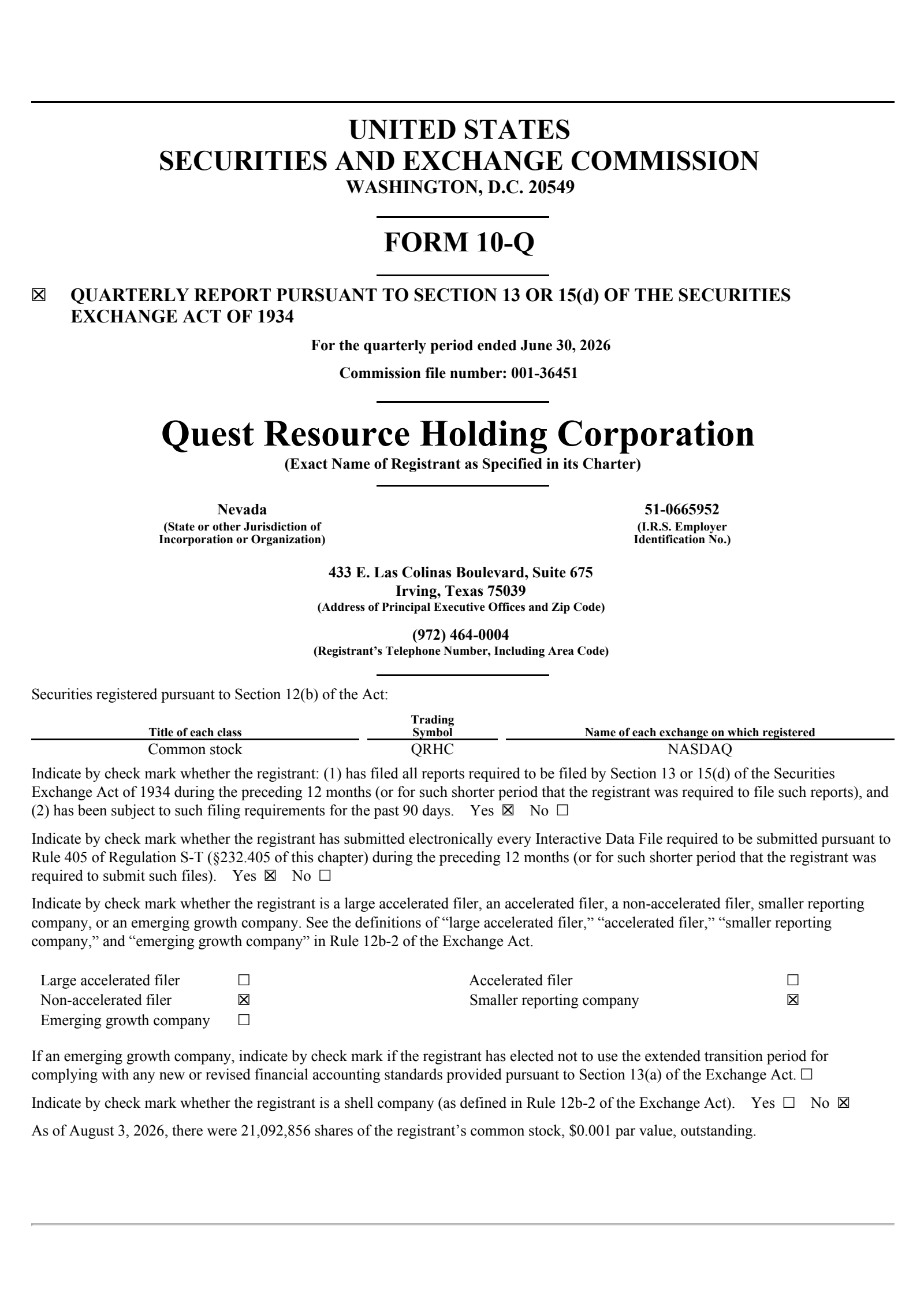 Quest Resource's Q2 2026 Quarterly report