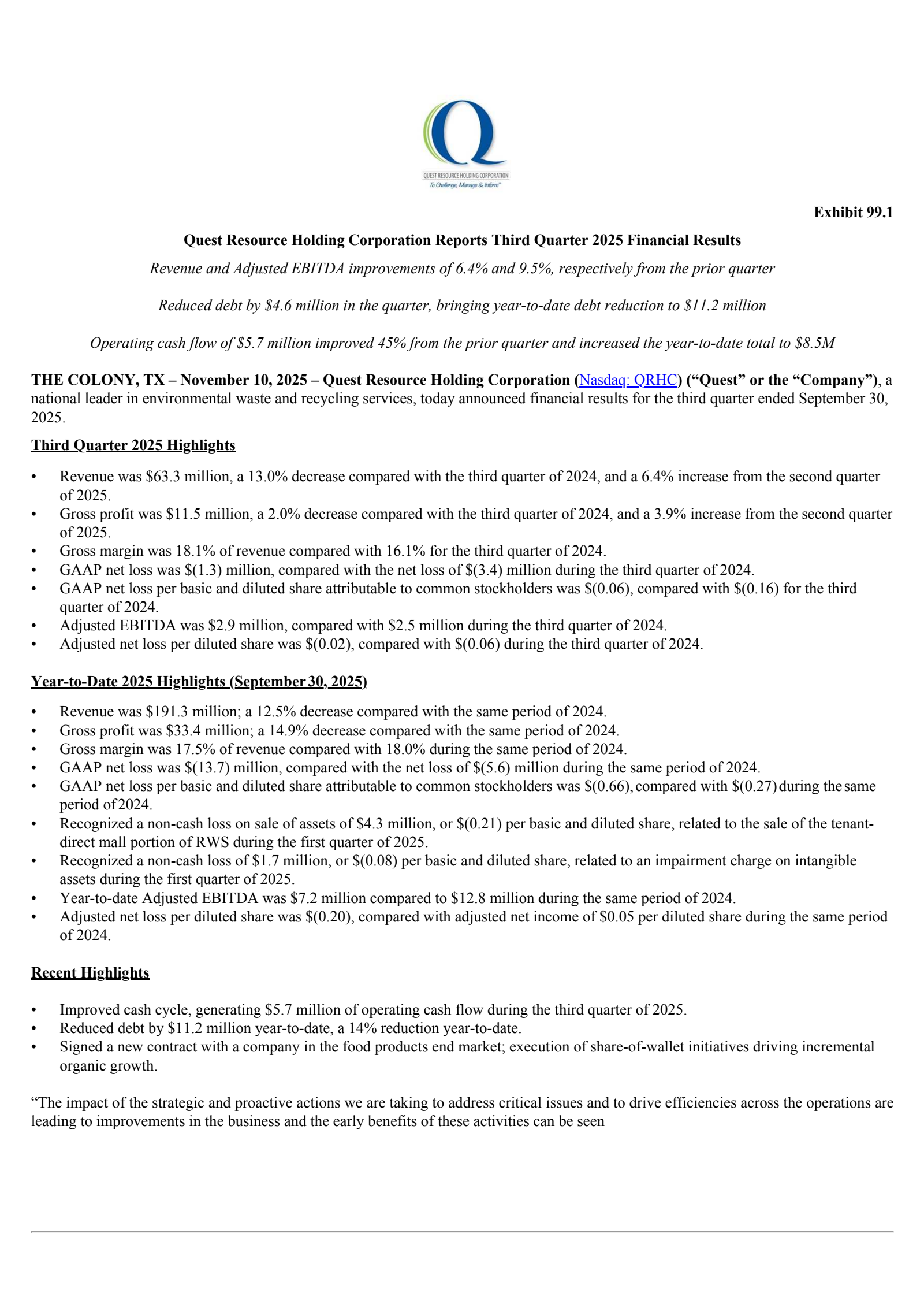 Quest Resource's Q3 2025 Earnings Release