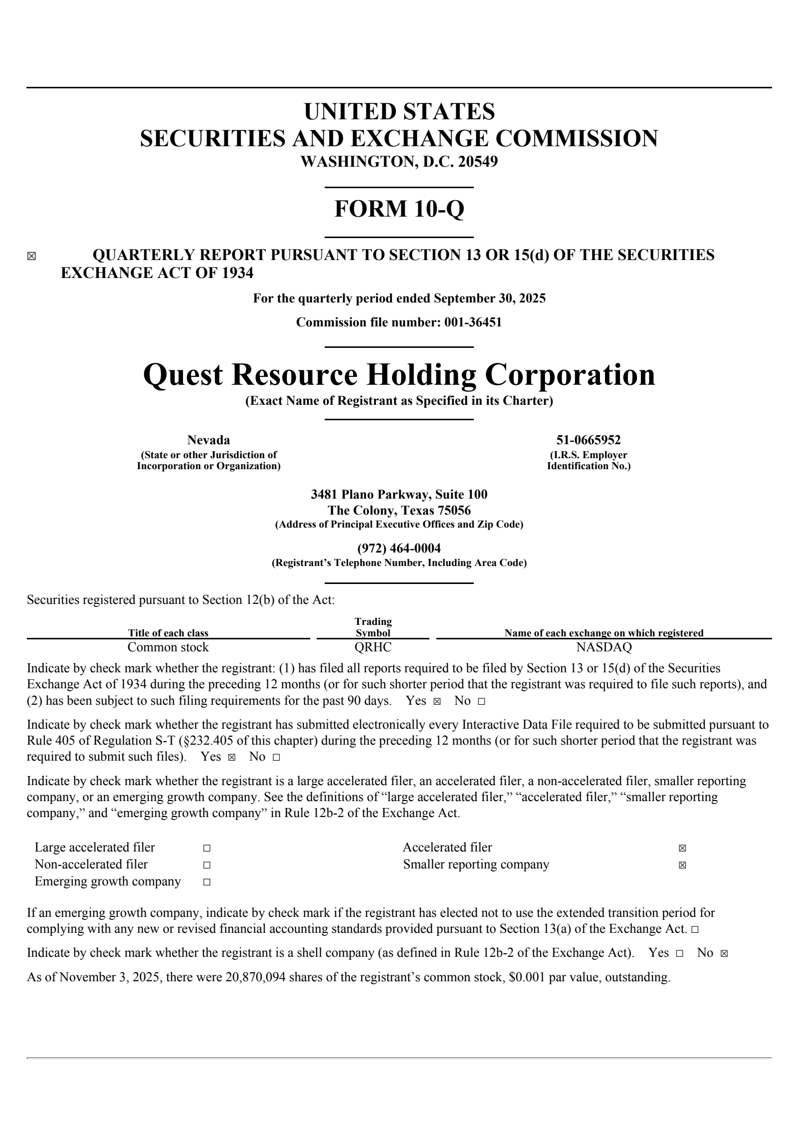 Quest Resource's Q3 2025 Quarterly Report