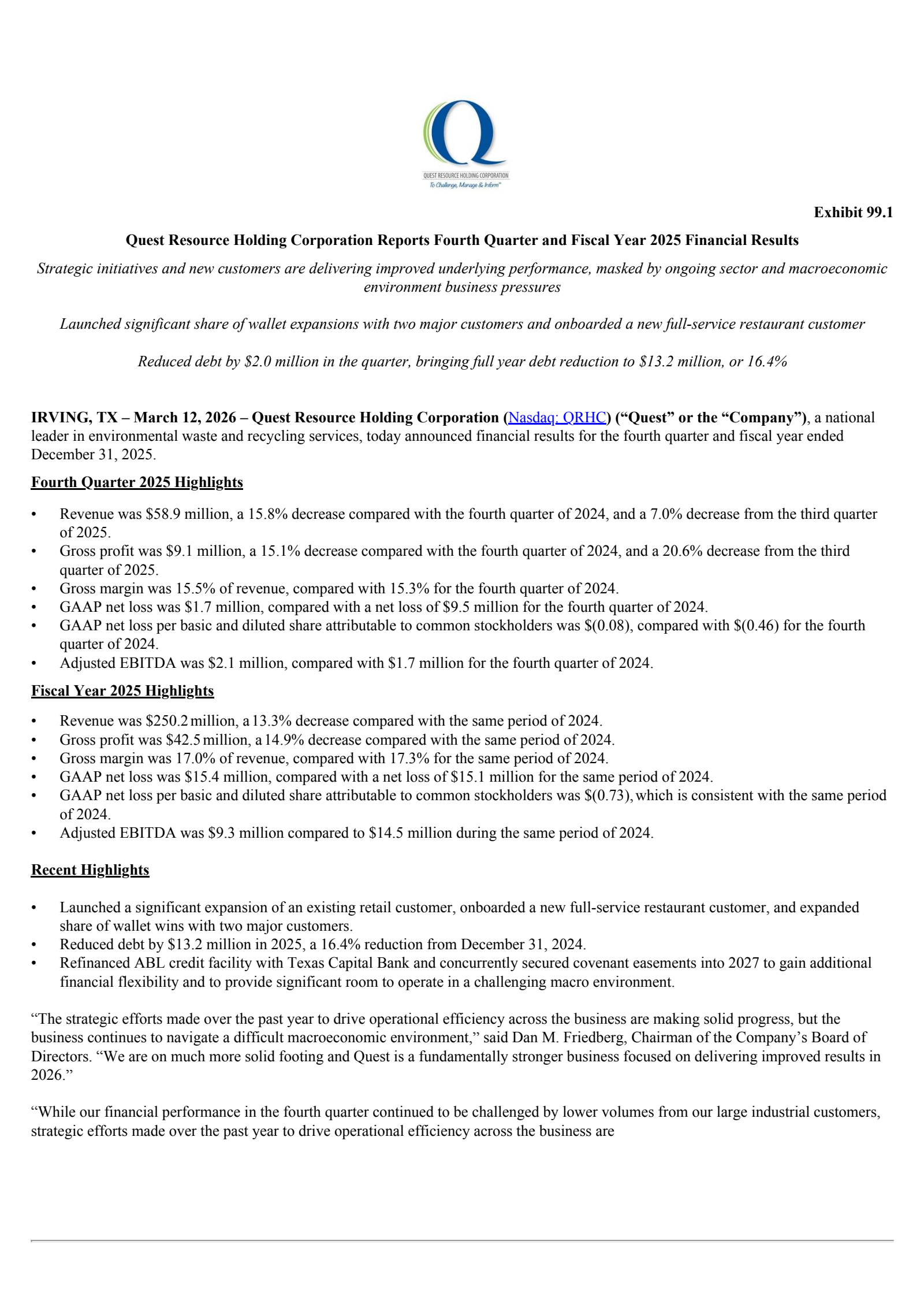 Quest Resource's Q4 2025 Press Release
