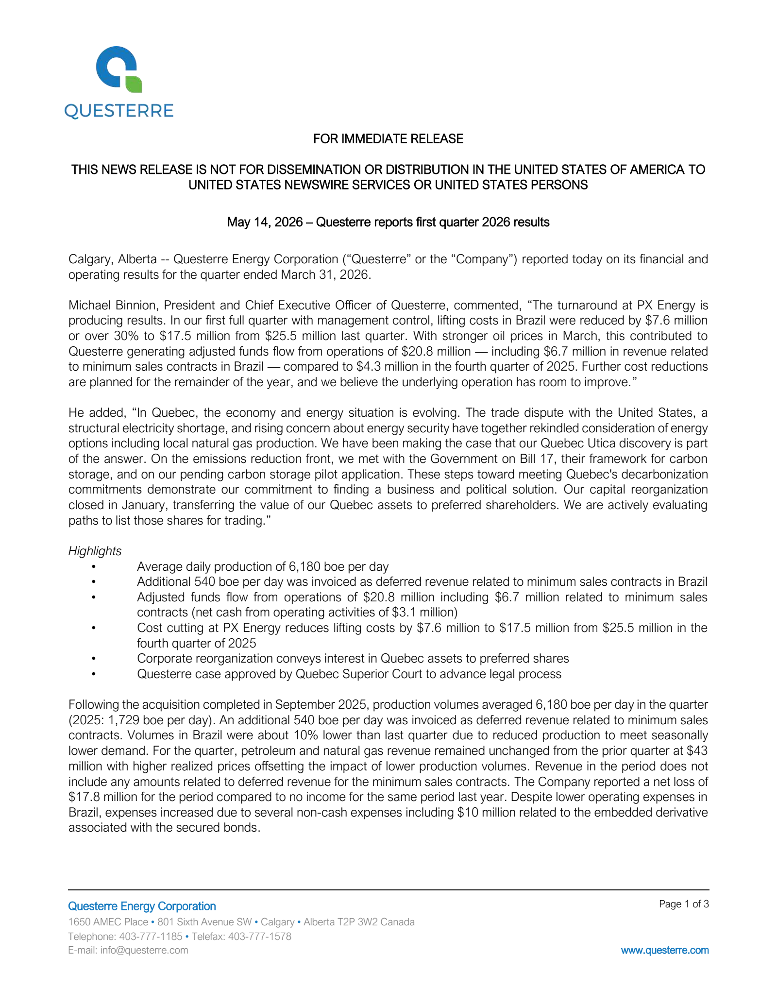 Questerre Energy's Q1 2026 Press Release
