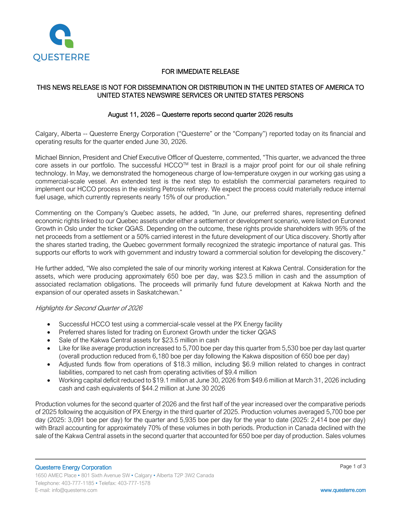 Questerre Energy's Q2 2026 Press Release