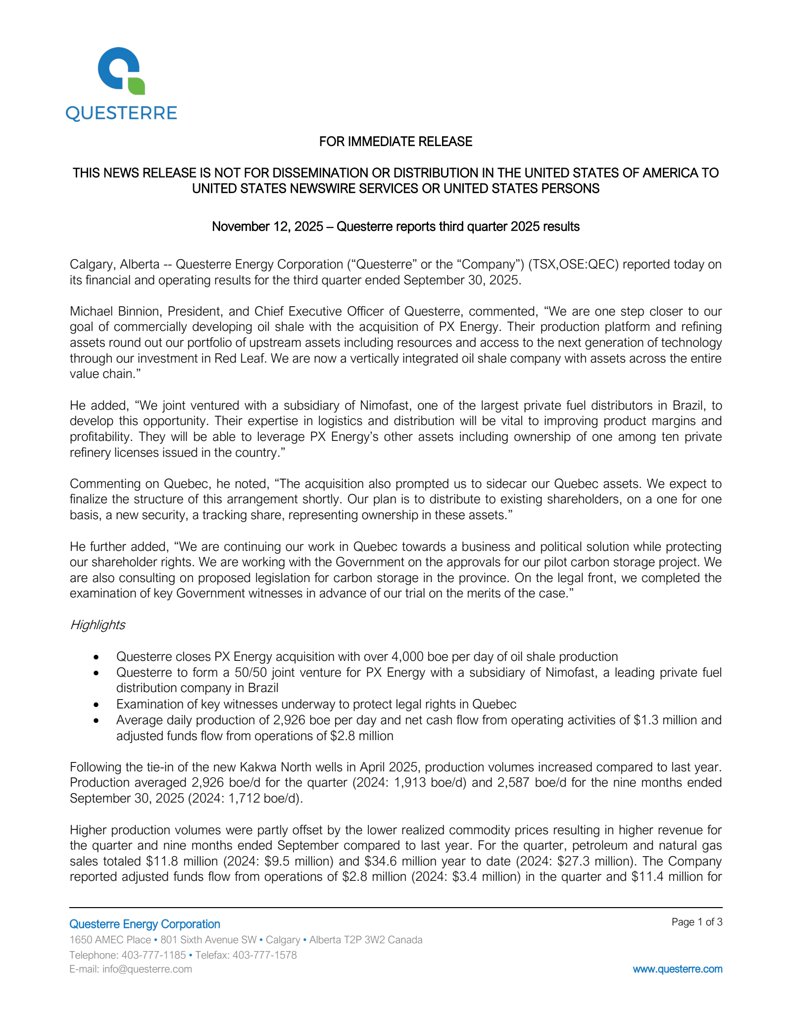 Questerre Energy's Q3 2025 Press Release