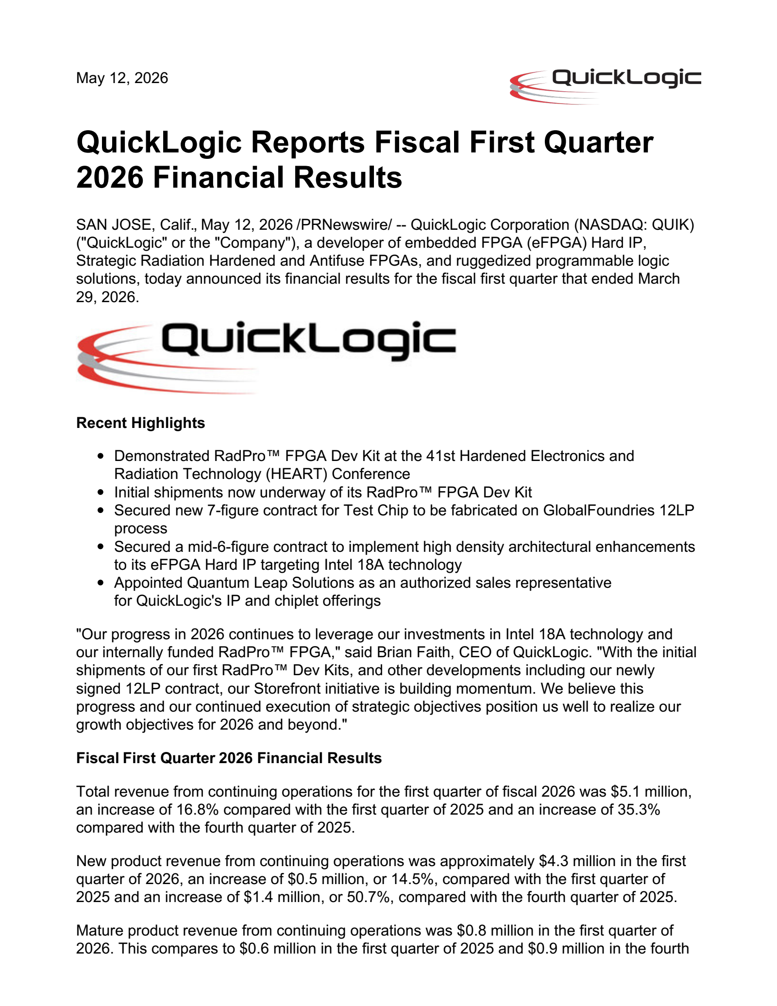 QuickLogic's Q1 2026 Press Release