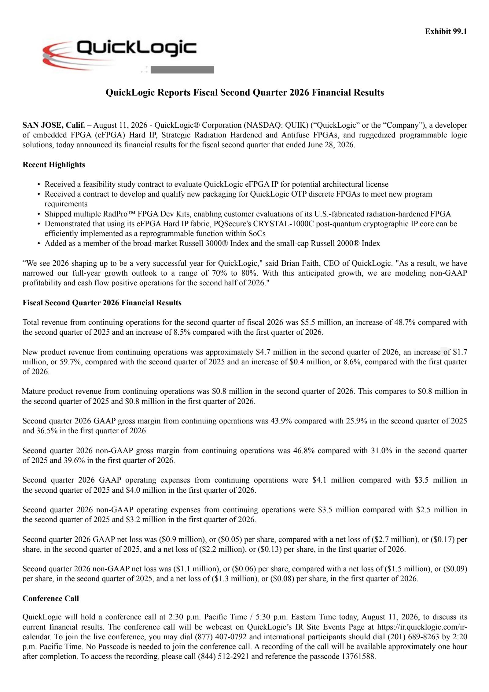QuickLogic's Q2 2026 Press Release