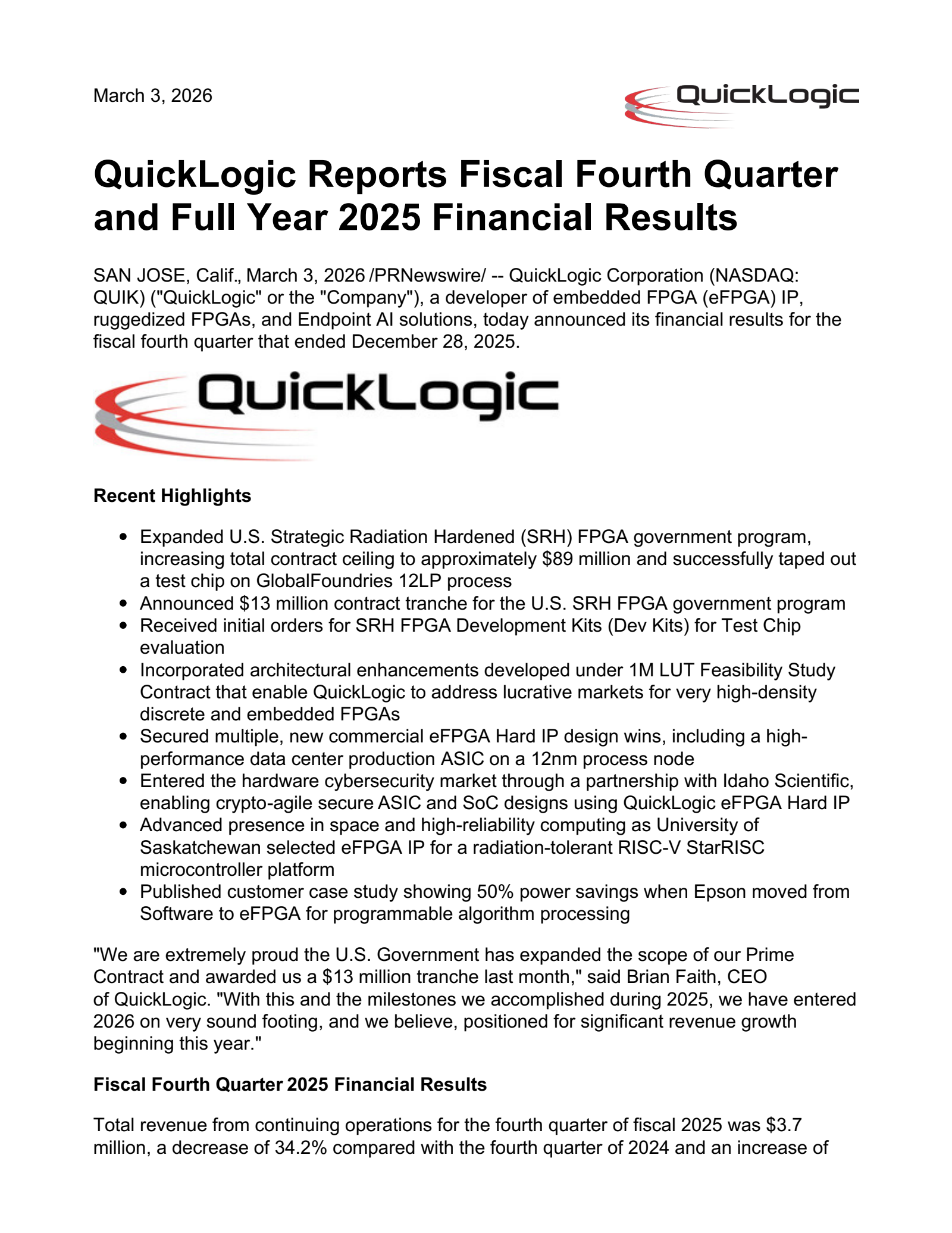 QuickLogic's Q4 2025 Press Release