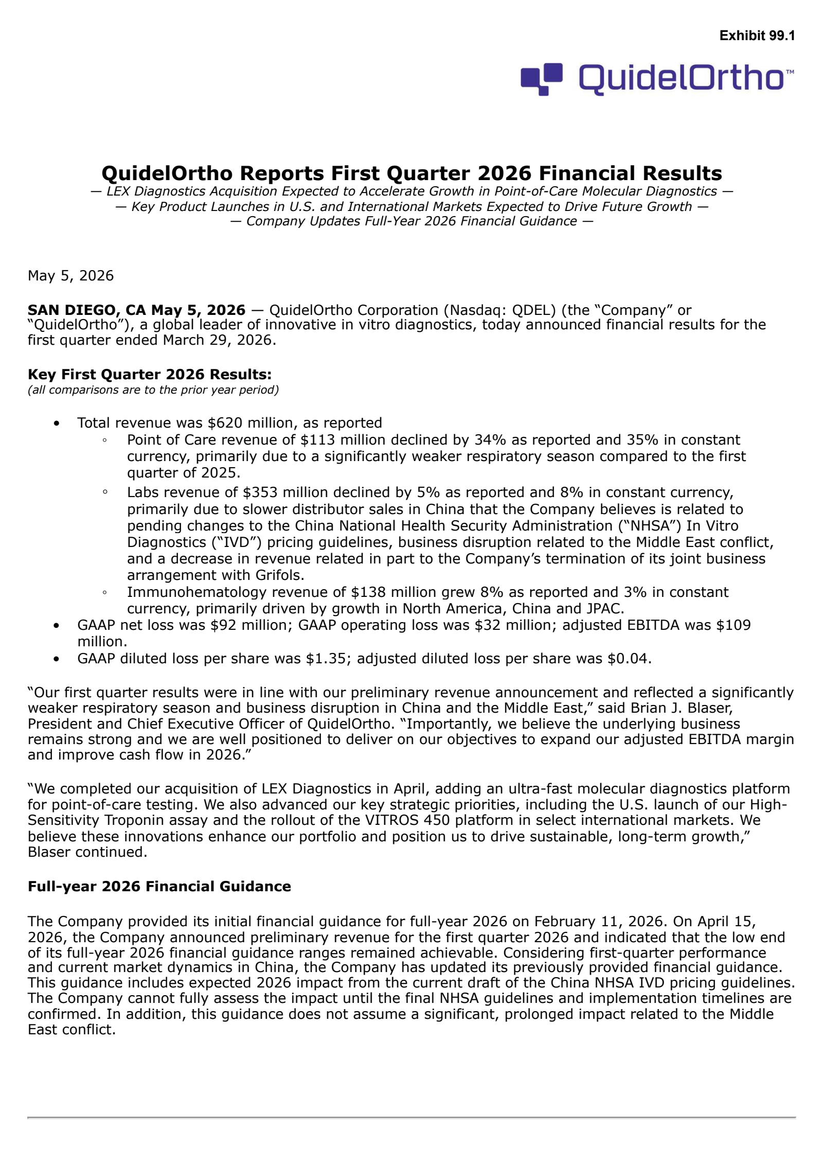 QuidelOrtho's Q1 2026 Press Release