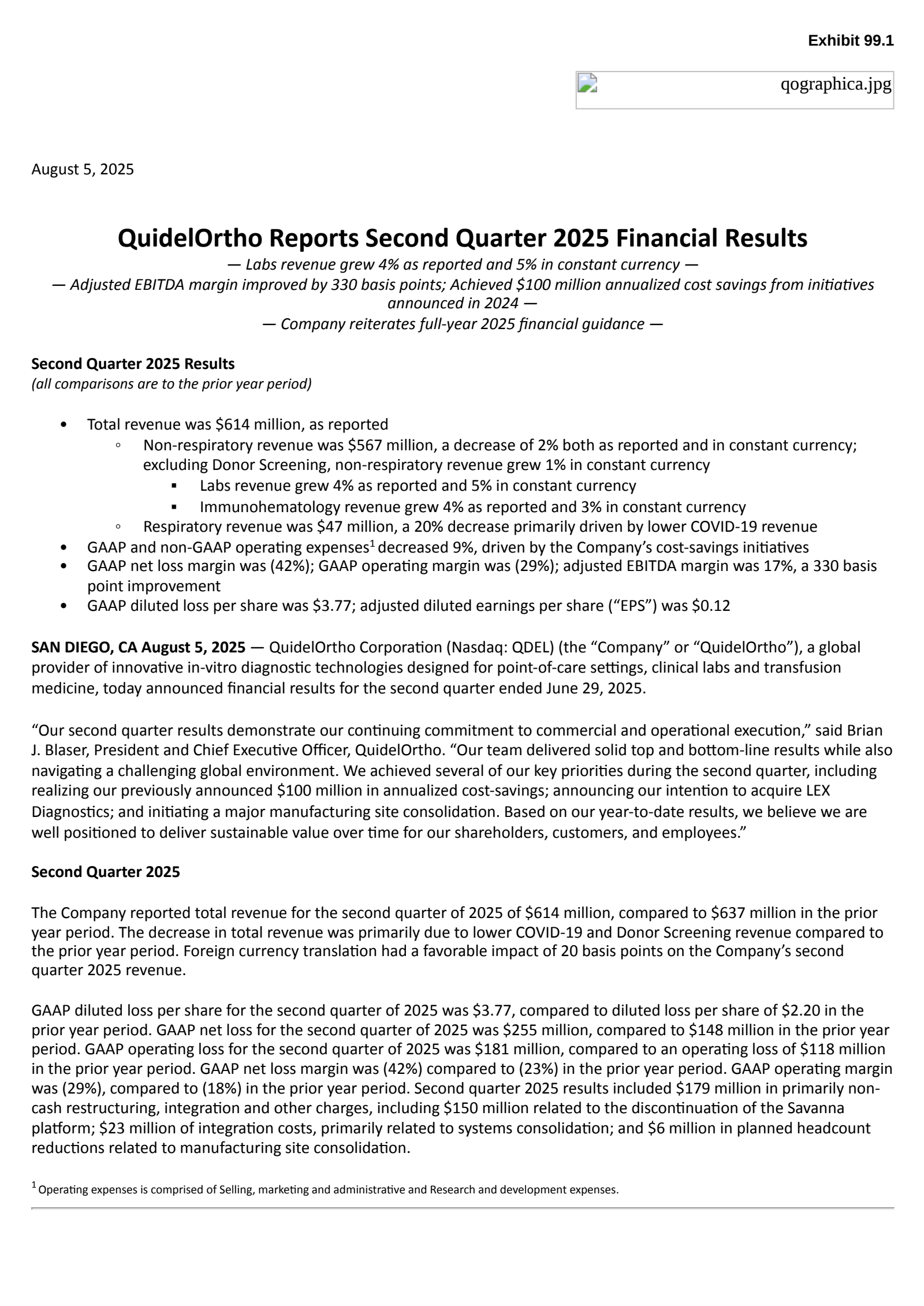 QuidelOrtho's Q2 2025 Press Release