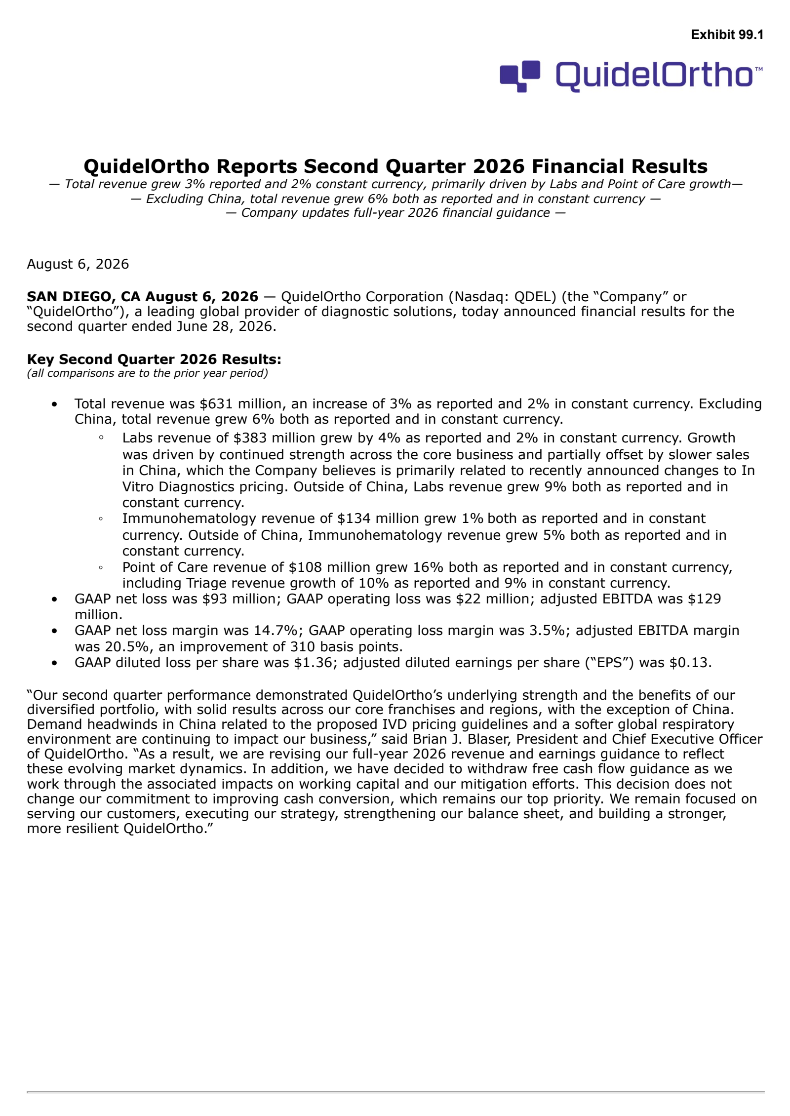 QuidelOrtho's Q2 2026 Press Release