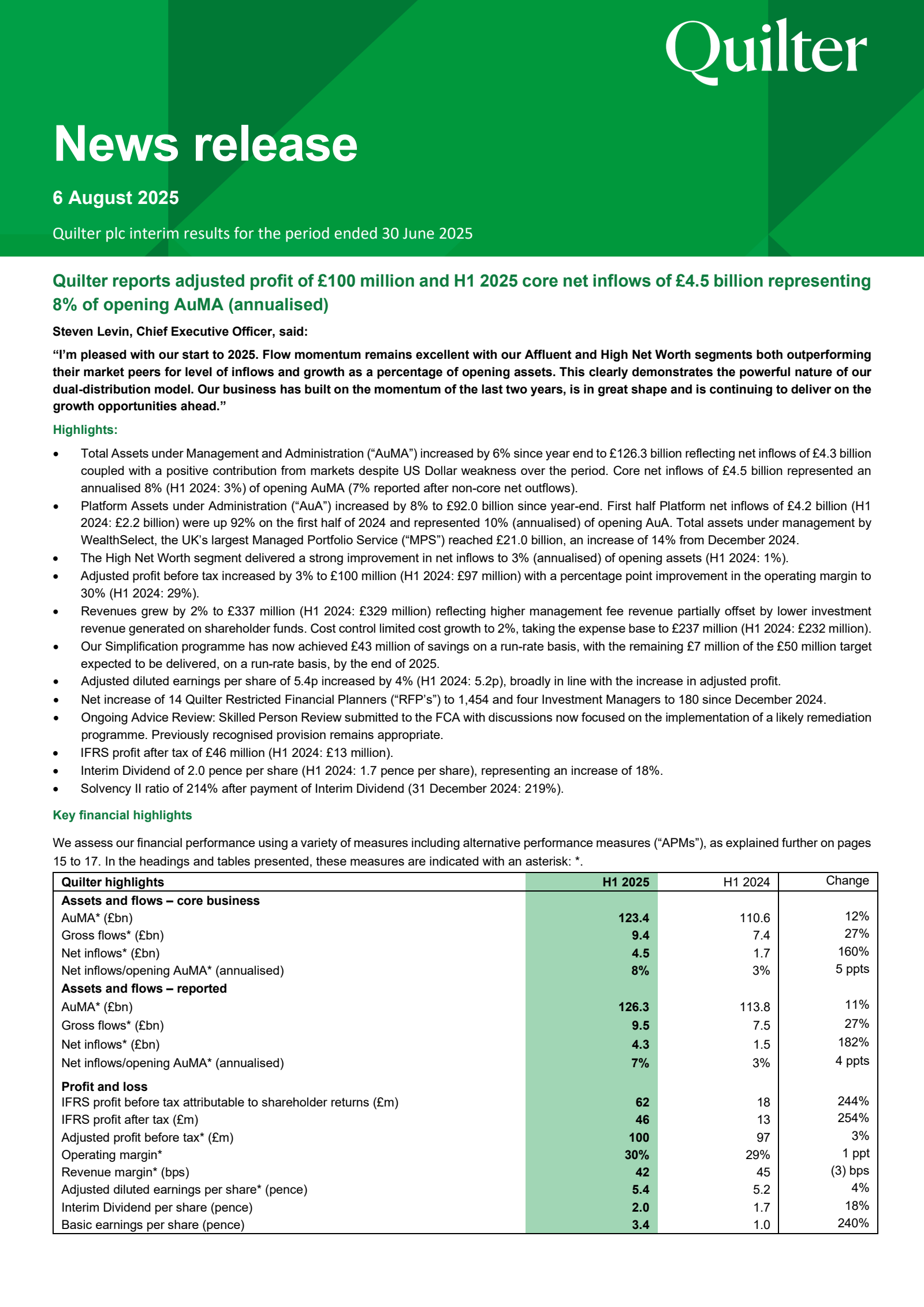 Quilter's H1 2025 Interim report