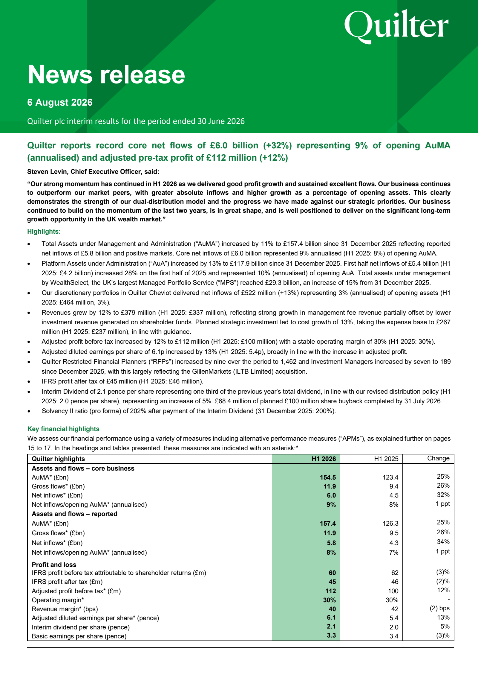 Quilter's H1 2026 Interim report