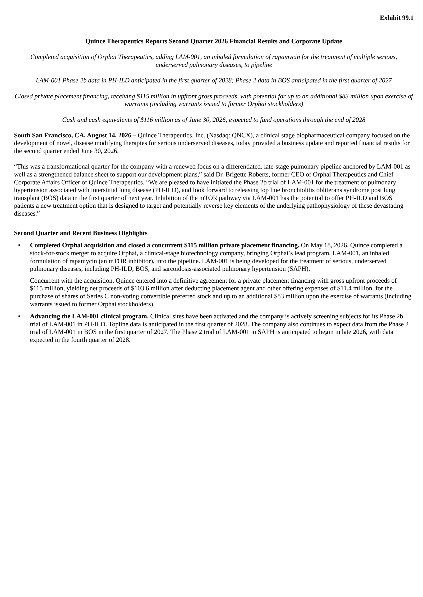 Quince Therapeutics' Q2 2026 Press Release