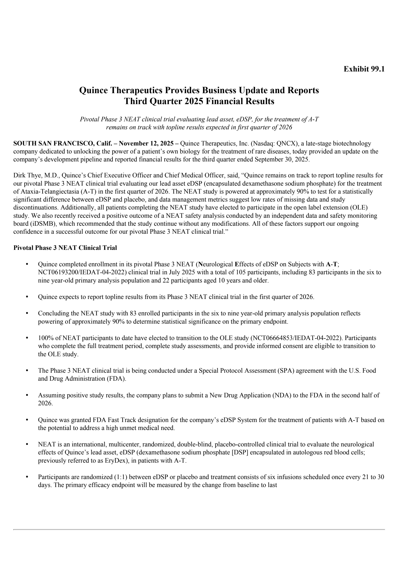 Quince Therapeutics' Q3 2025 Earnings Release