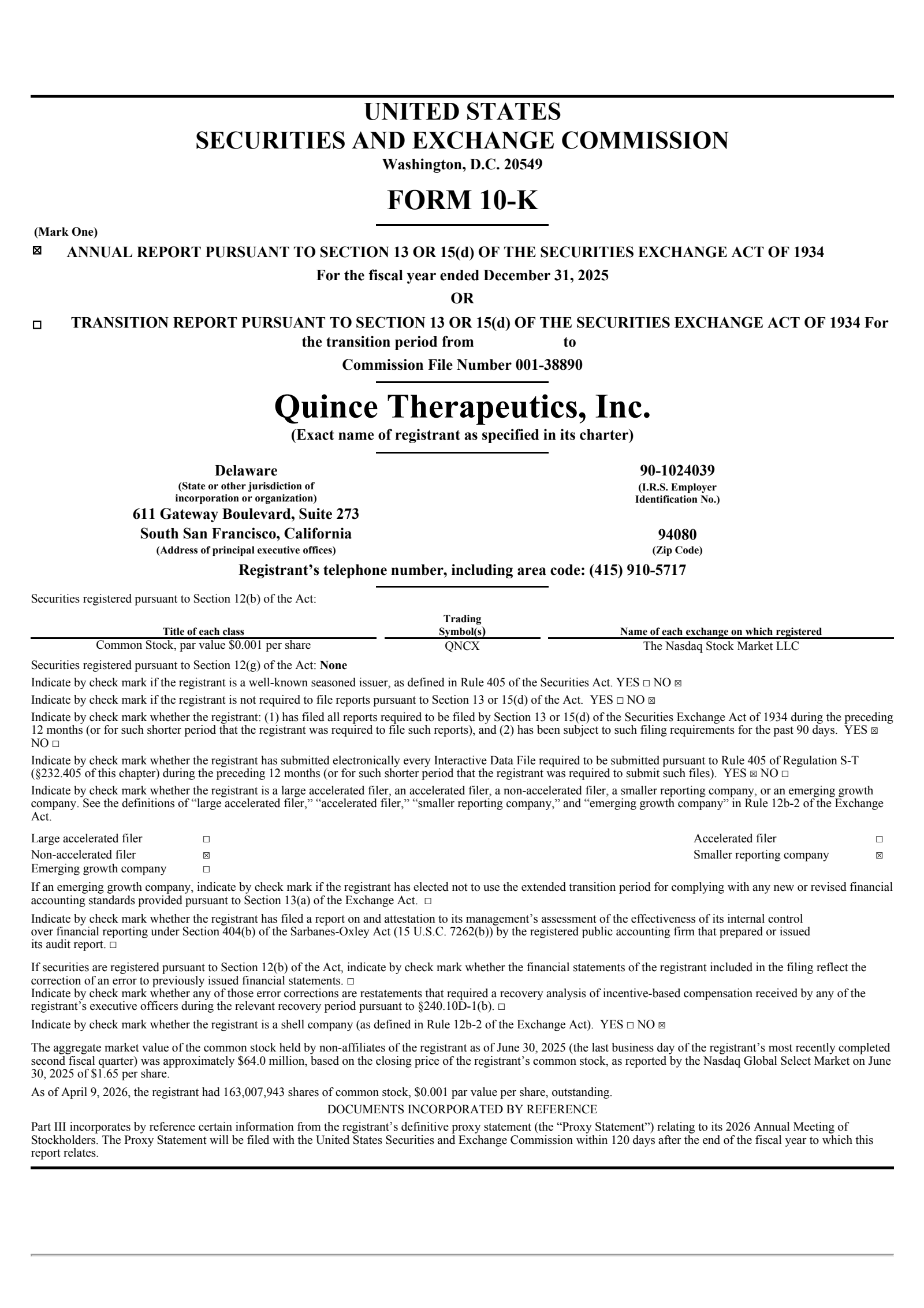 Quince Therapeutics' Q4 2025 Annual report