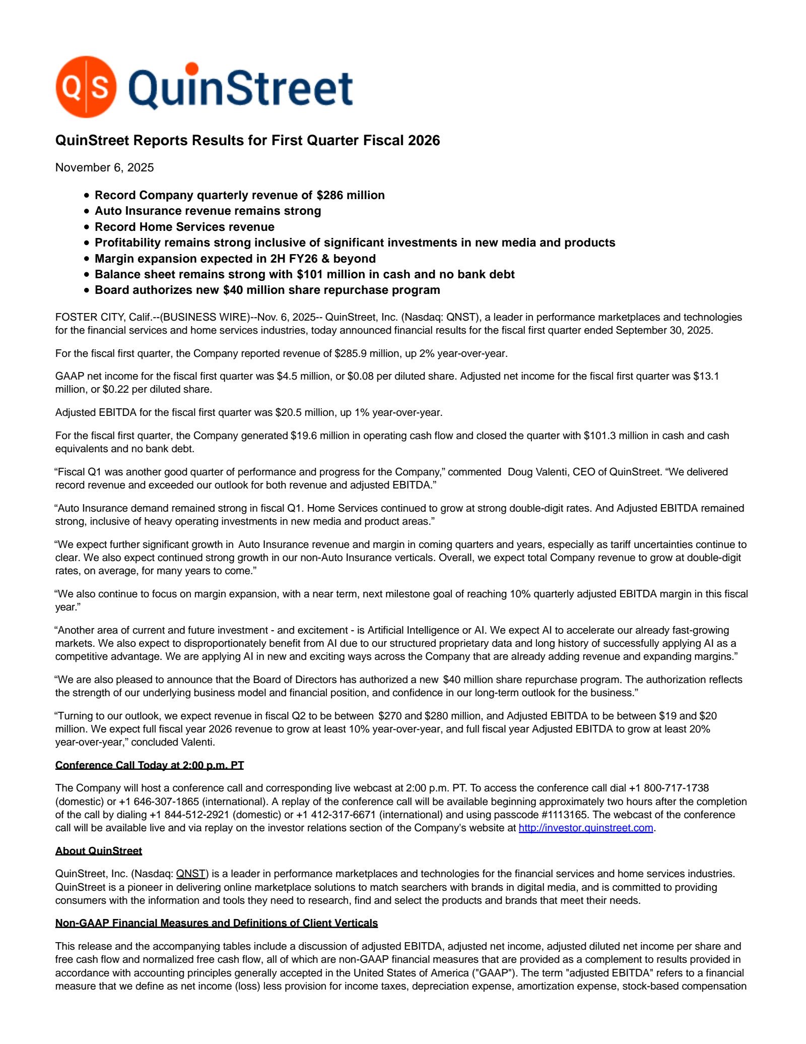 QuinStreet's Q1 2026 Earnings Release