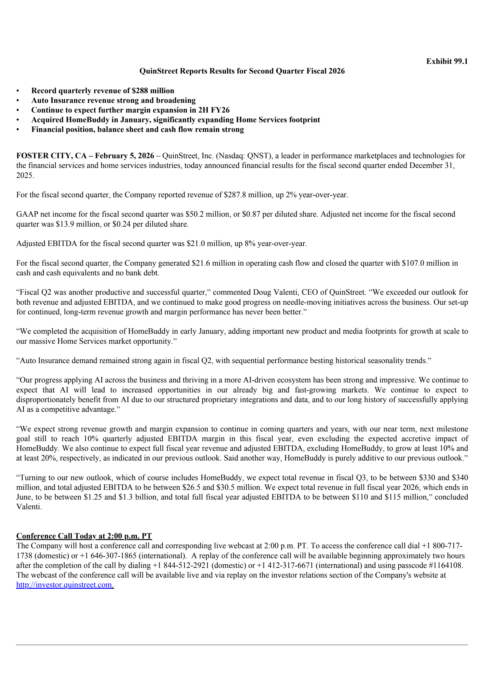 QuinStreet's Q2 2026 Press Release