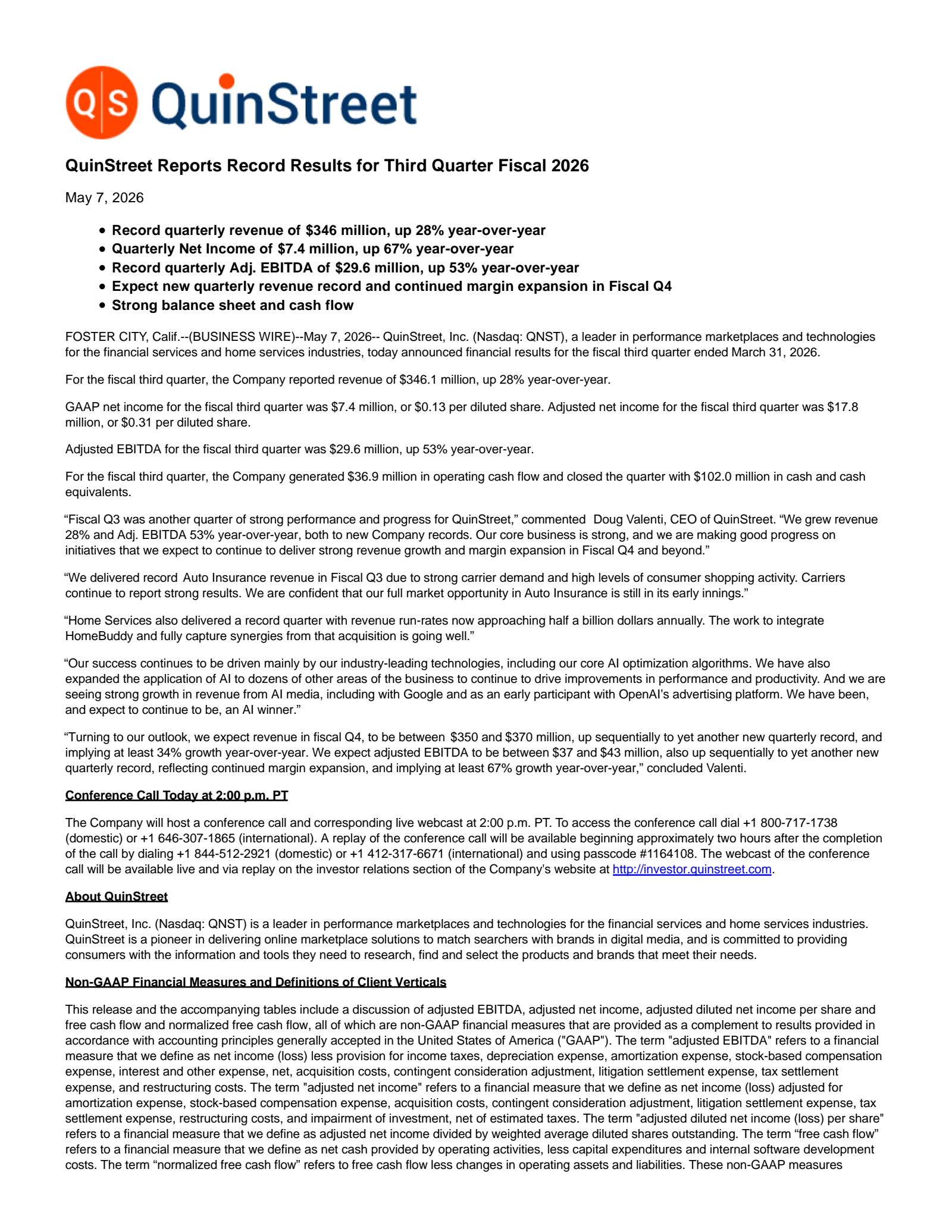 QuinStreet's Q3 2026 Press Release