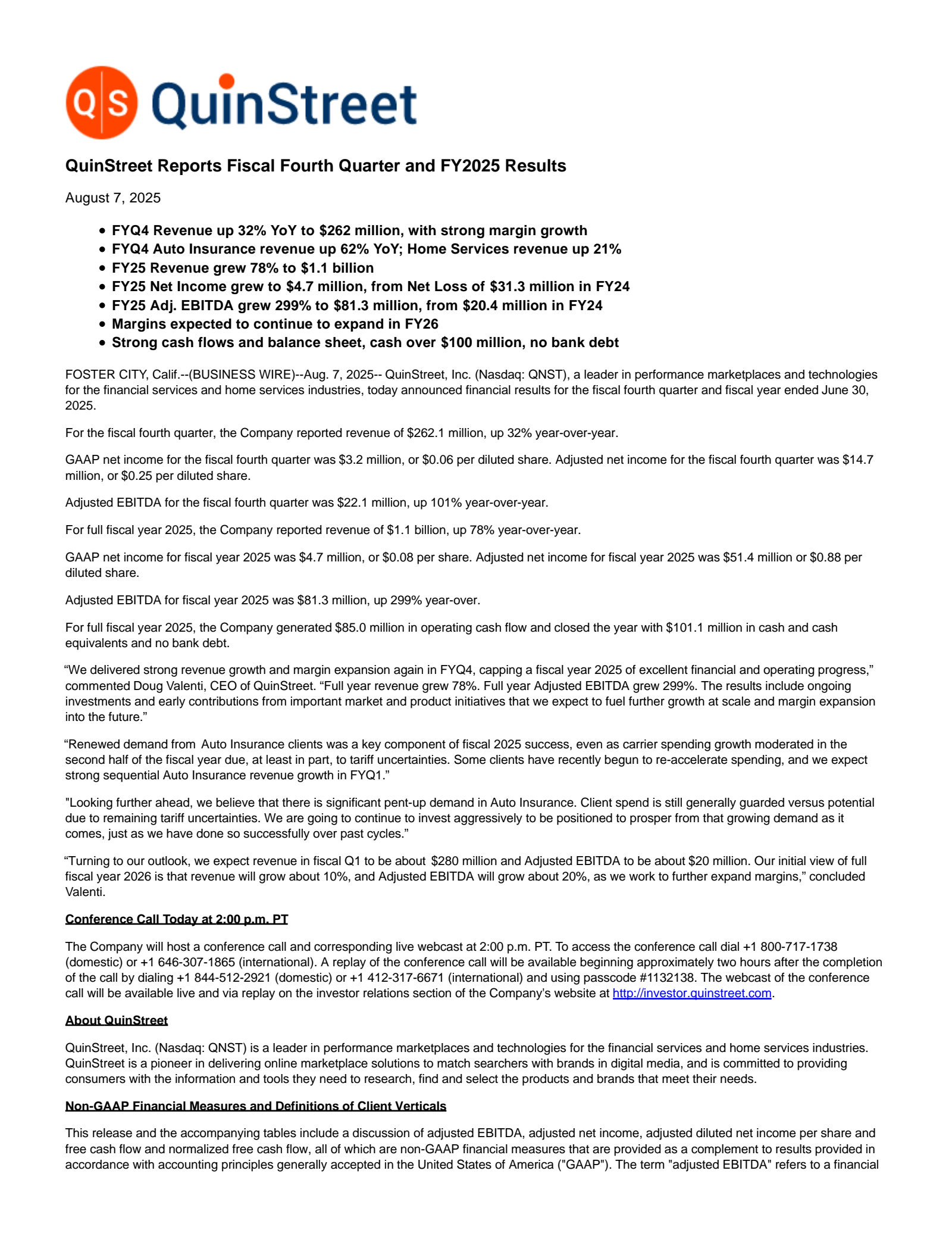 QuinStreet's Q4 2025 Press Release