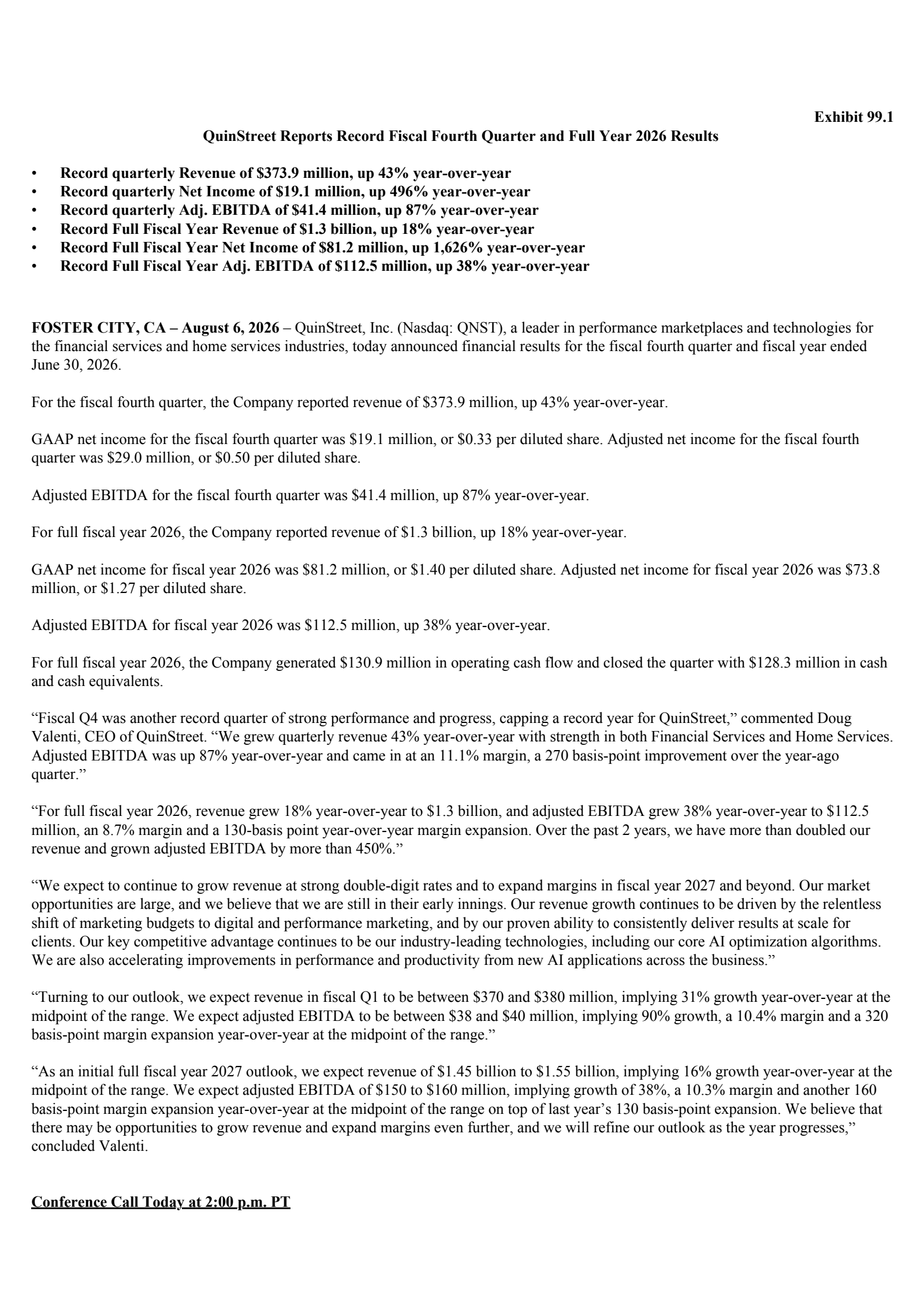 QuinStreet's Q4 2026 Press Release