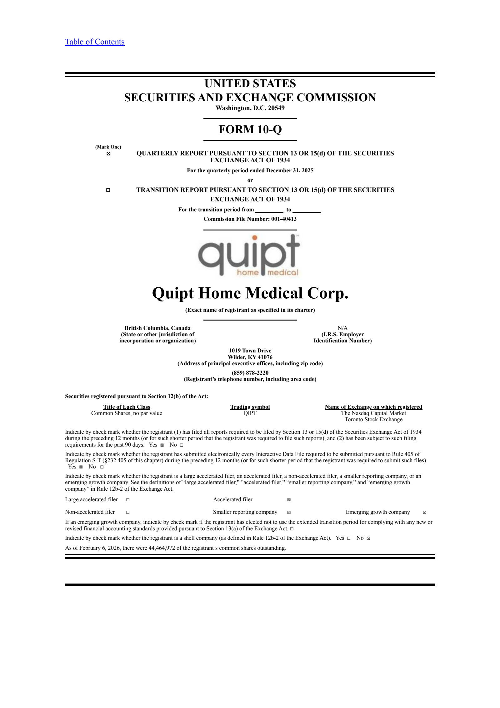 Quipt Home Medical's Q1 2026 Quarterly report