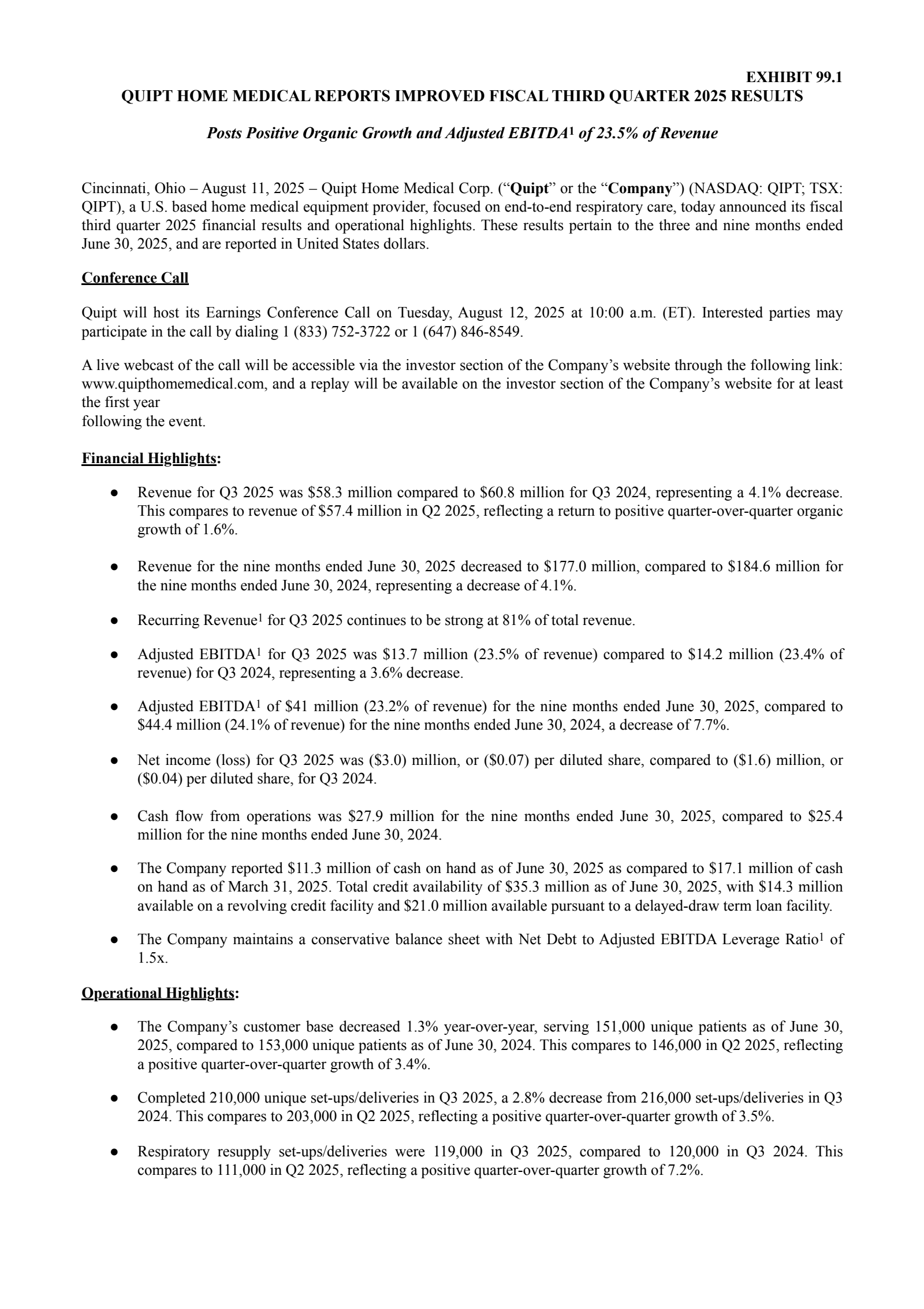 Quipt Home Medical's Q3 2025 Press Release