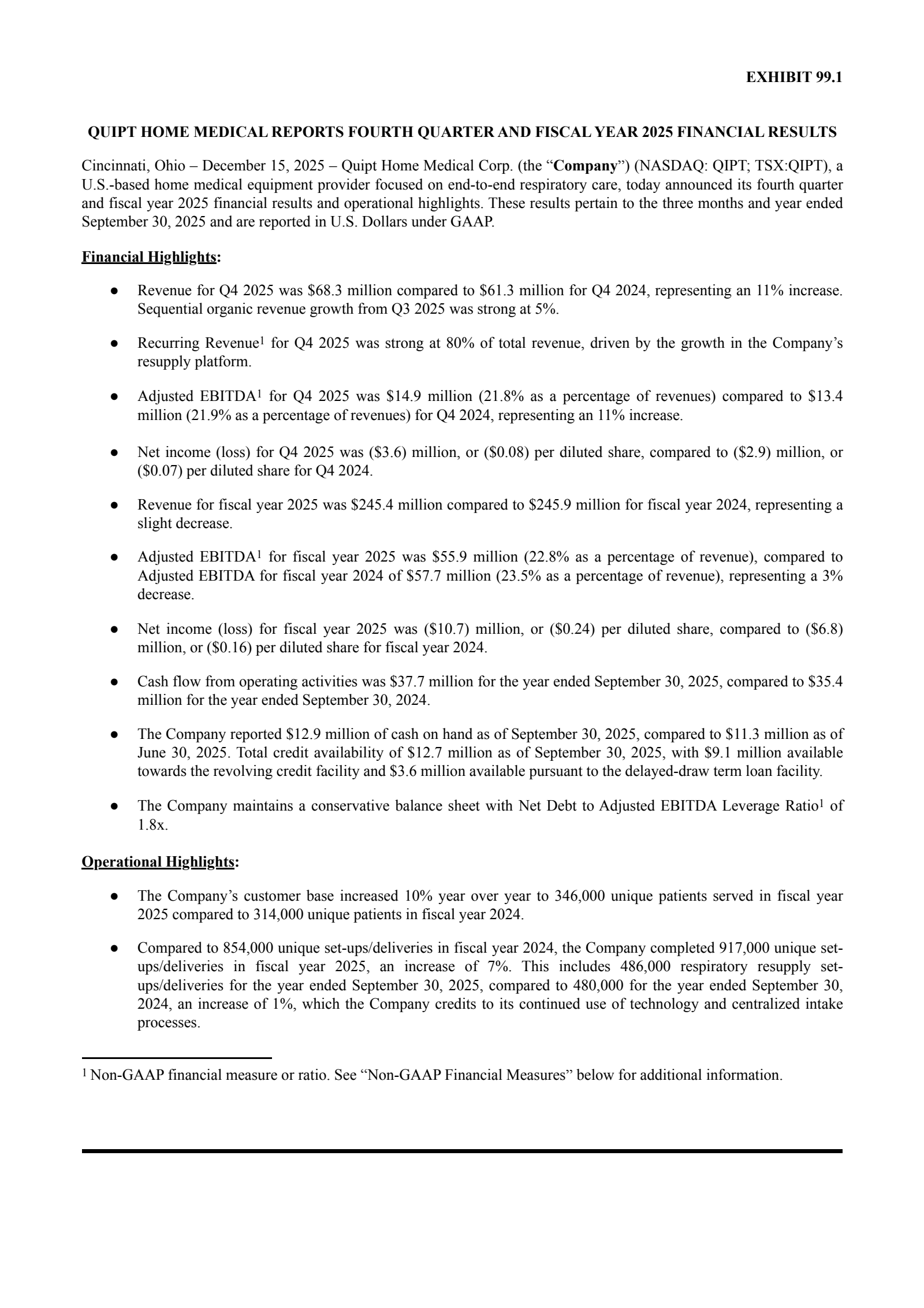 Quipt Home Medical's Q4 2025 Press Release