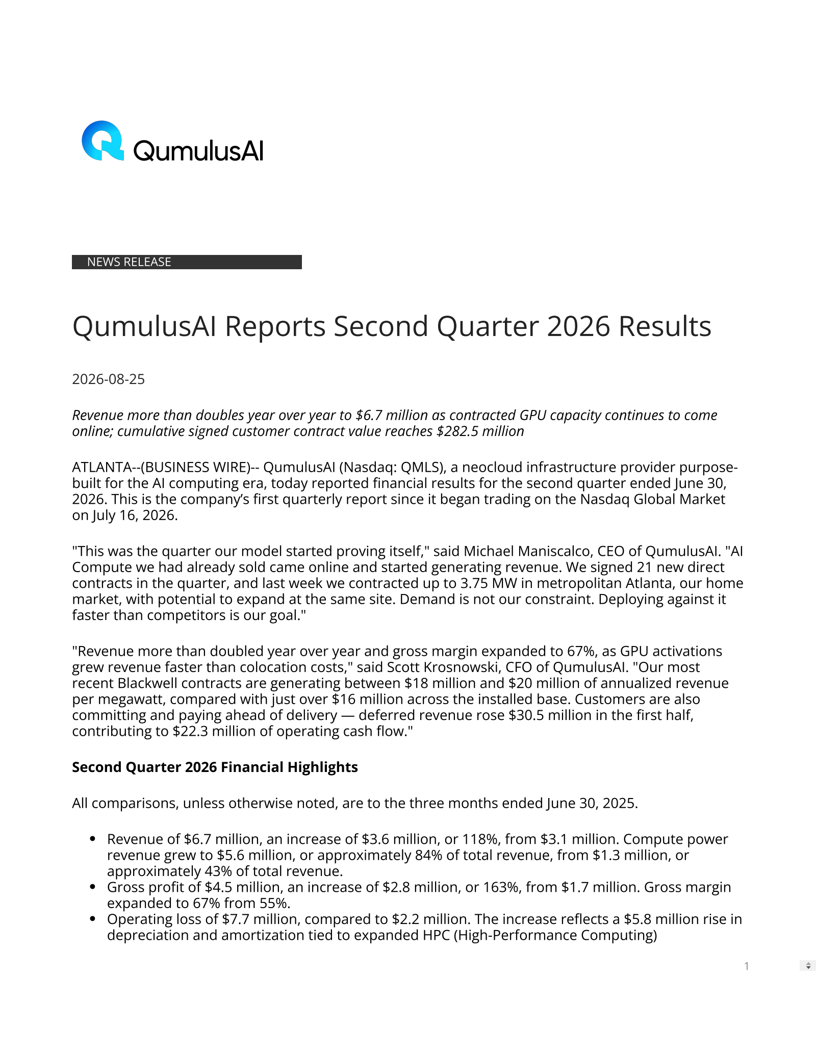 QumulusAI's Q2 2026 Press Release