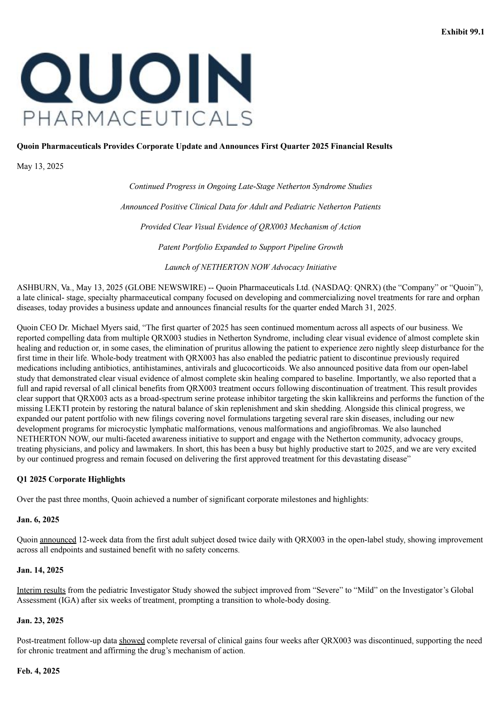 Quoin Pharmaceuticals' Q1 2025 Press Release