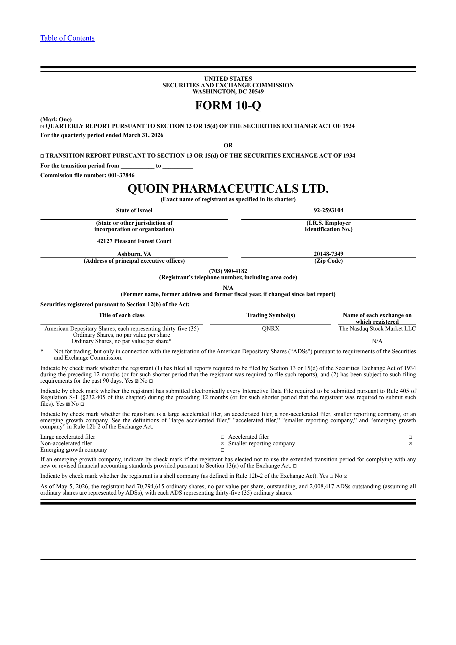 Quoin Pharmaceuticals' Q1 2026 Quarterly report