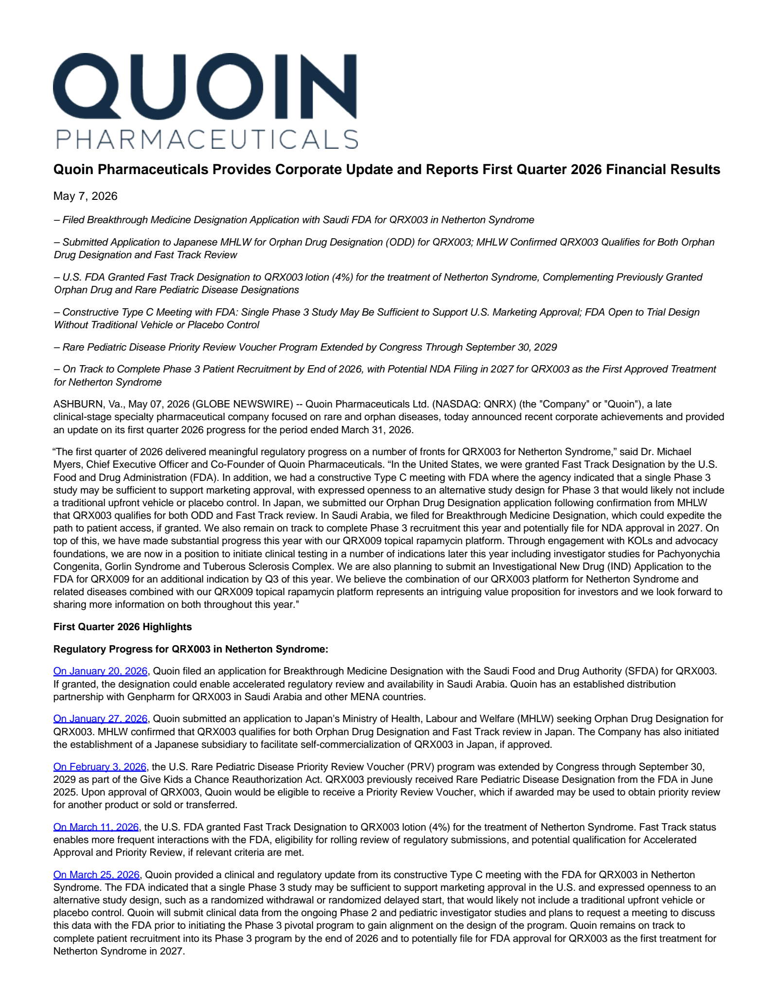 Quoin Pharmaceuticals' Q1 2026 Press Release