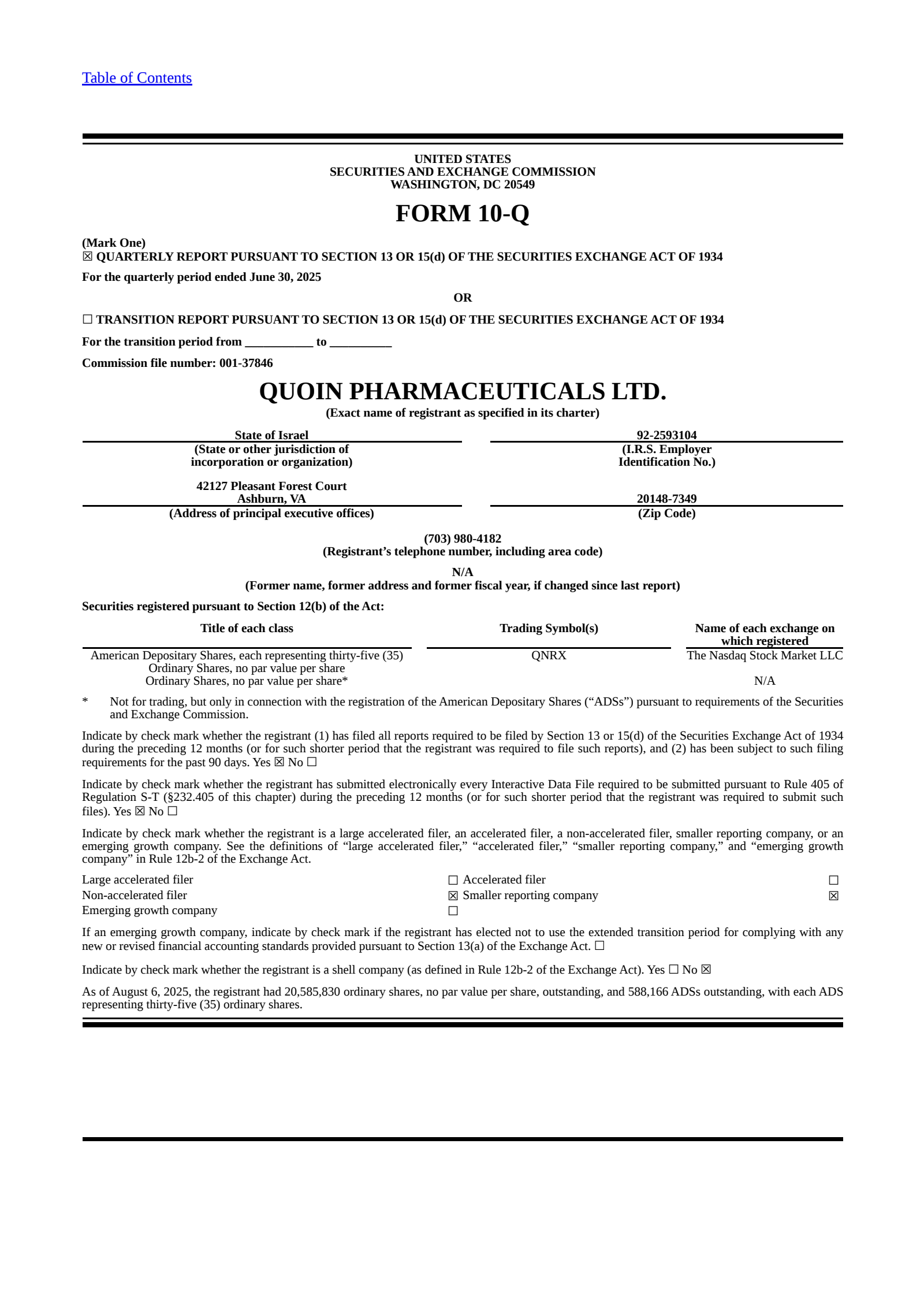 Quoin Pharmaceuticals' Q2 2025 Quarterly report
