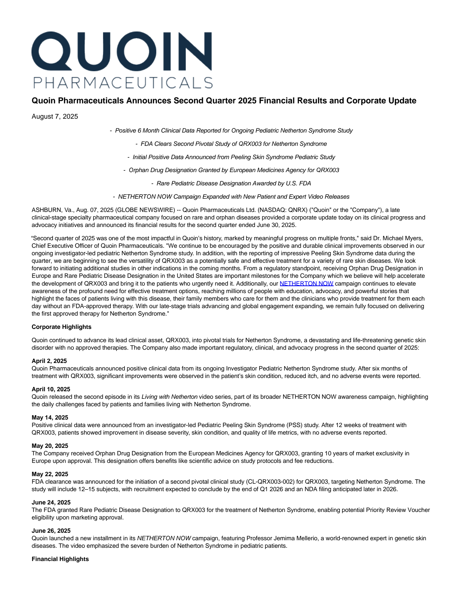Quoin Pharmaceuticals' Q2 2025 Press Release