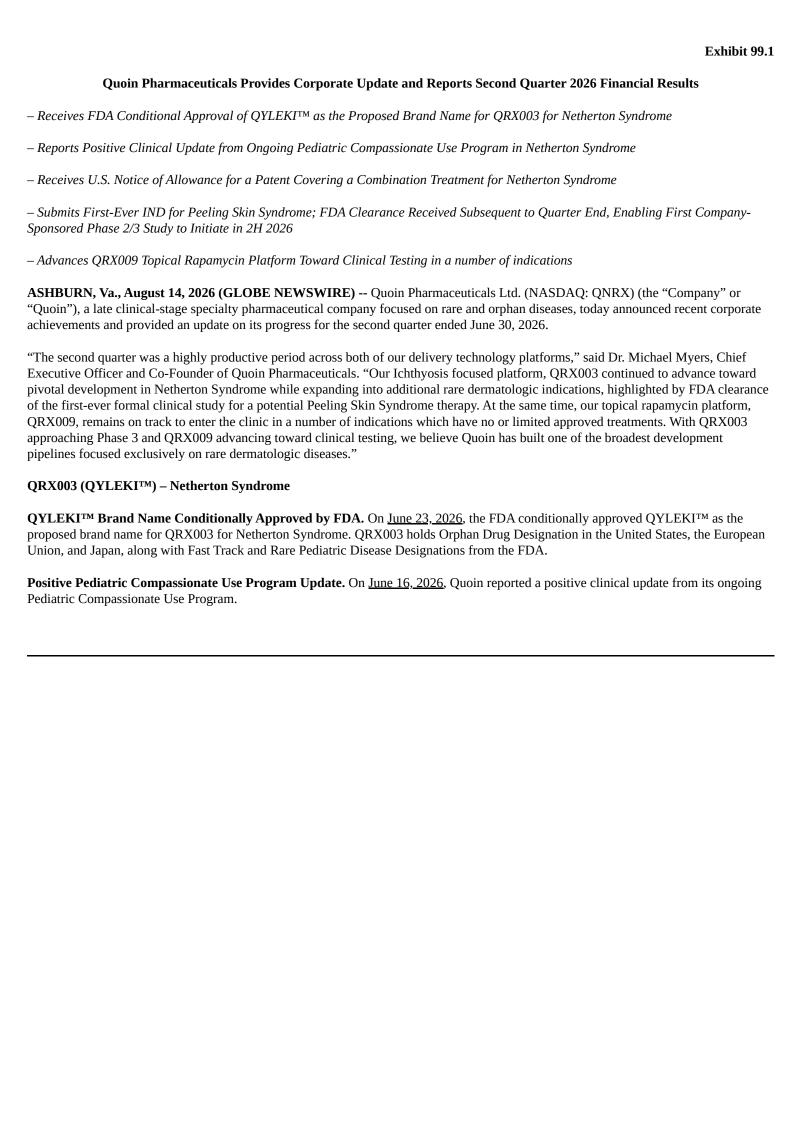 Quoin Pharmaceuticals' Q2 2026 Press Release