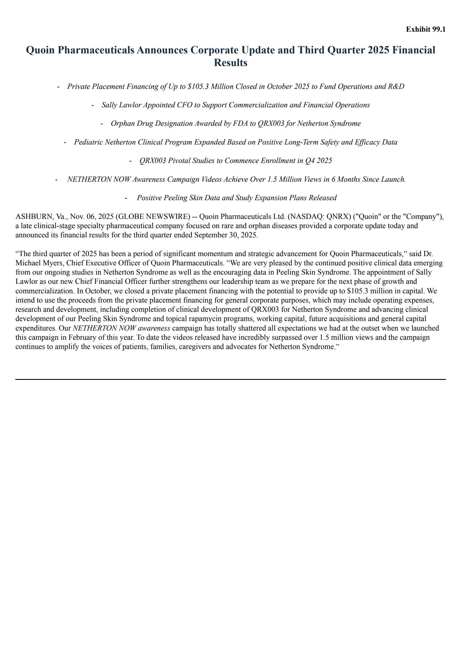 Quoin Pharmaceuticals' Q3 2025 Earnings Release