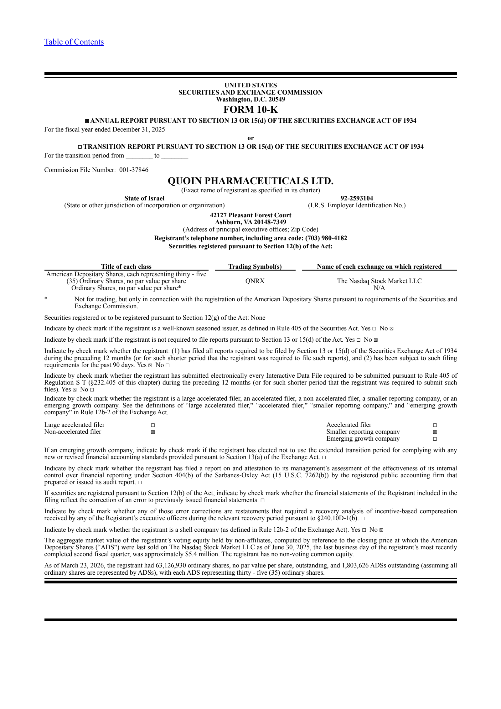 Quoin Pharmaceuticals' Q4 2025 Annual report