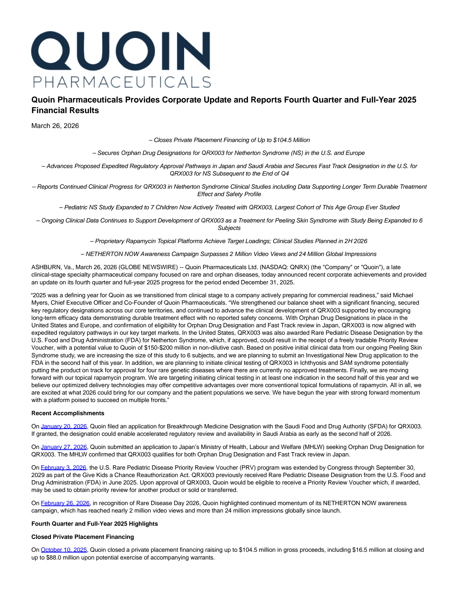 Quoin Pharmaceuticals' Q4 2025 Press Release