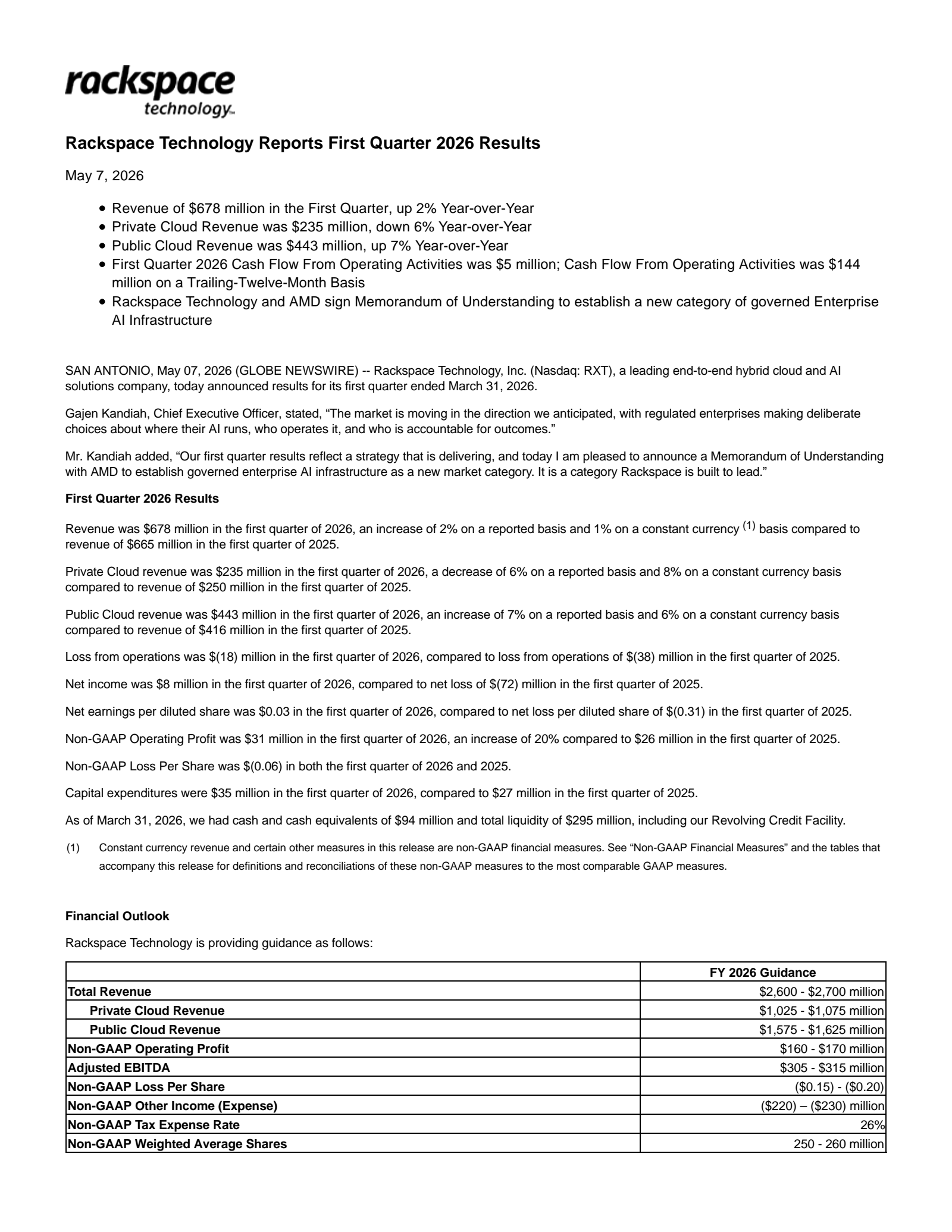 Rackspace Technology's Q1 2026 Press Release