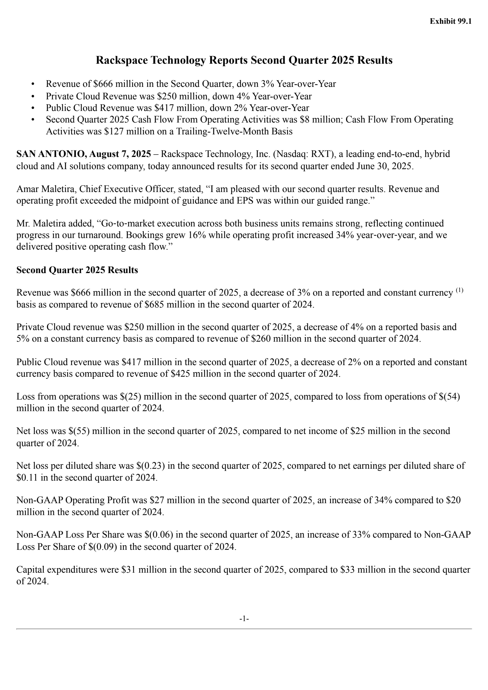 Rackspace Technology's Q2 2025 Press Release