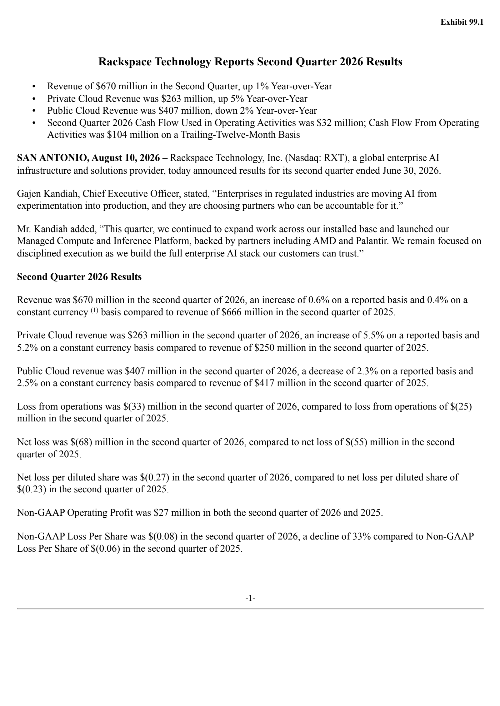 Rackspace Technology's Q2 2026 Press Release