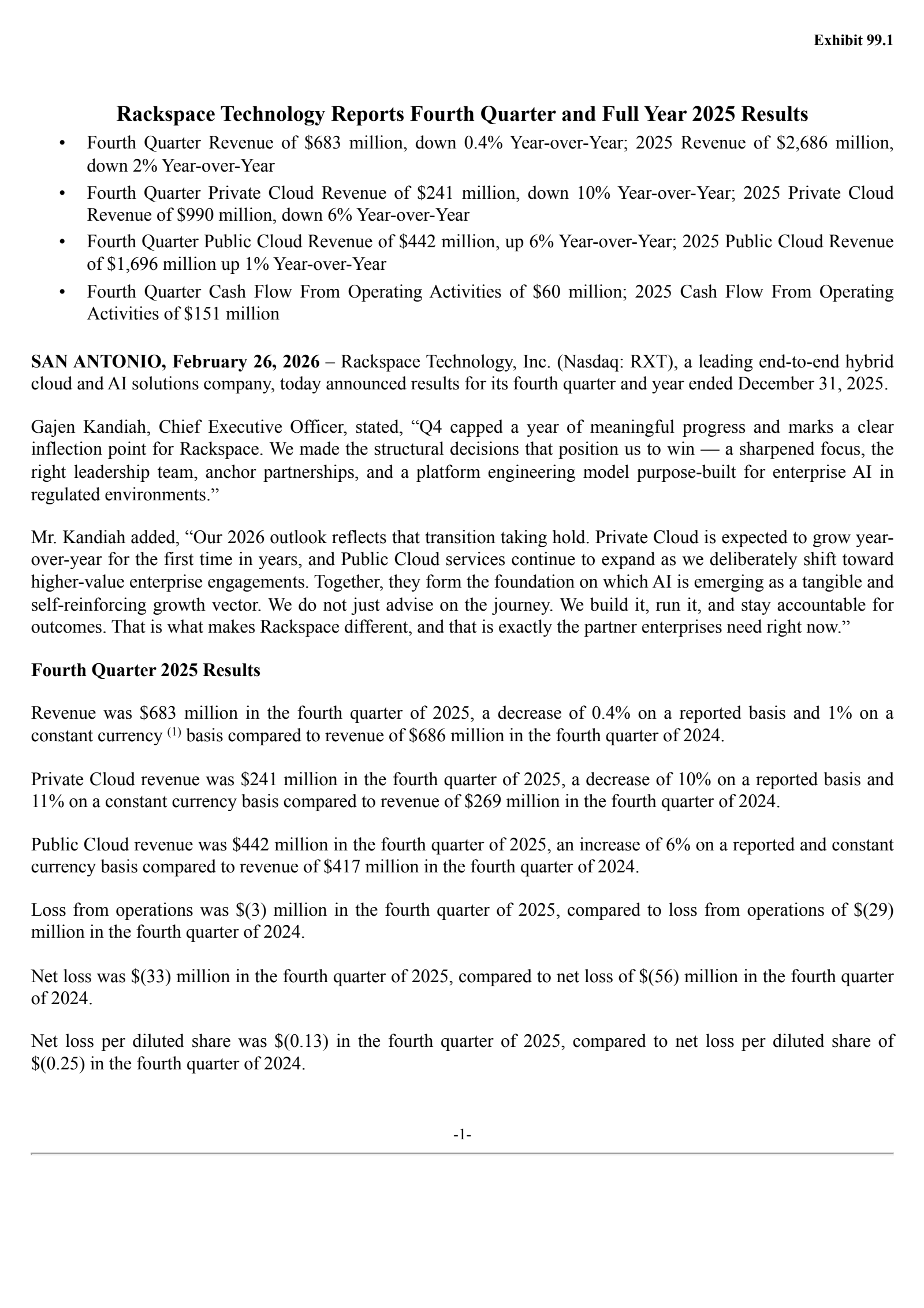 Rackspace Technology's Q4 2025 Press Release