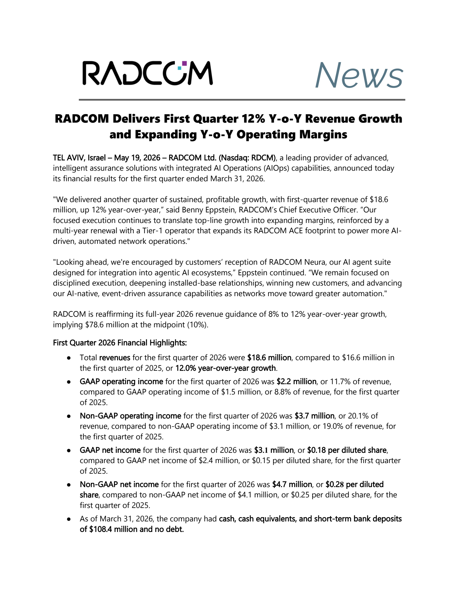 Radcom's Q1 2026 Press Release