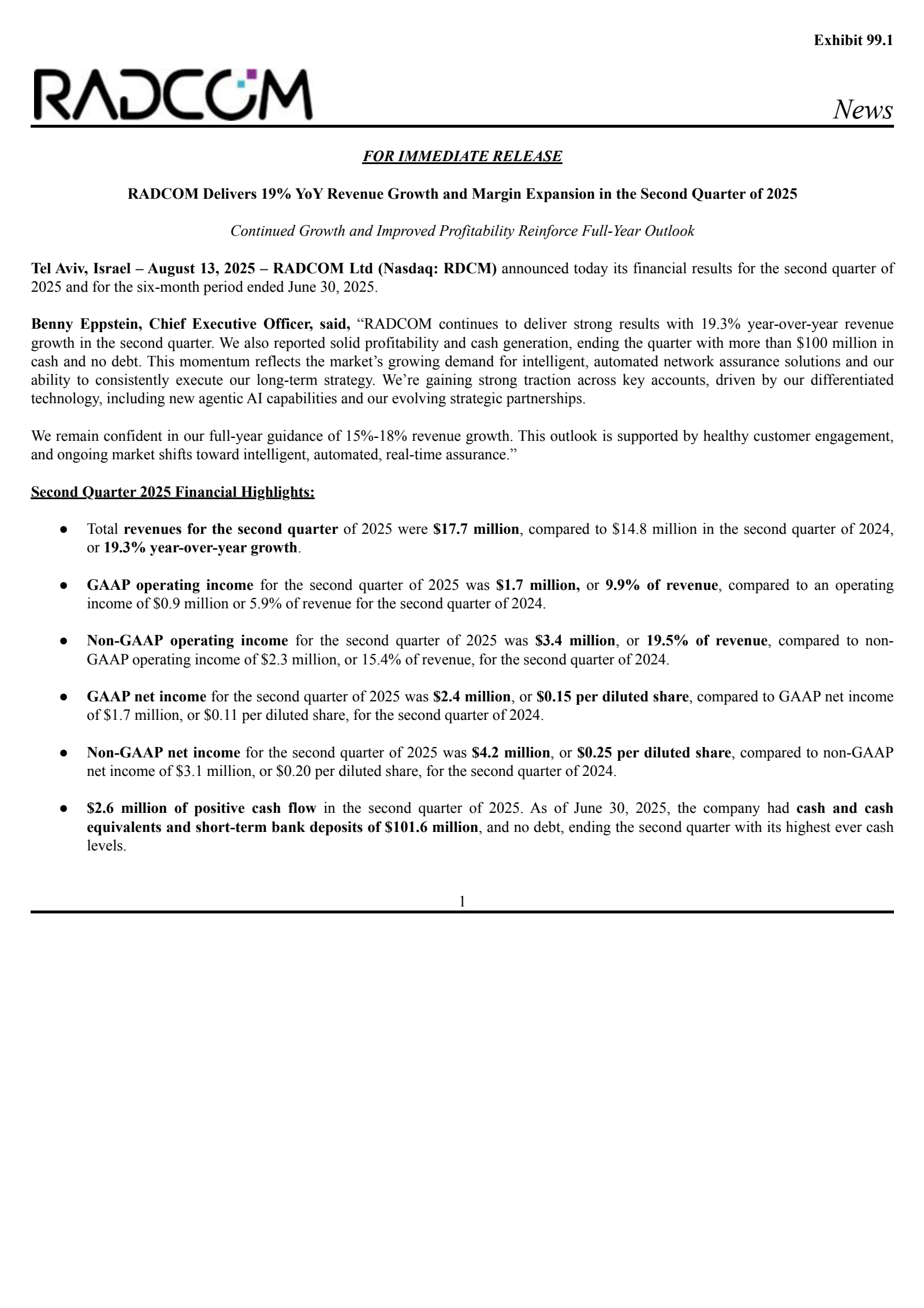 Radcom's Q2 2025 Press Release