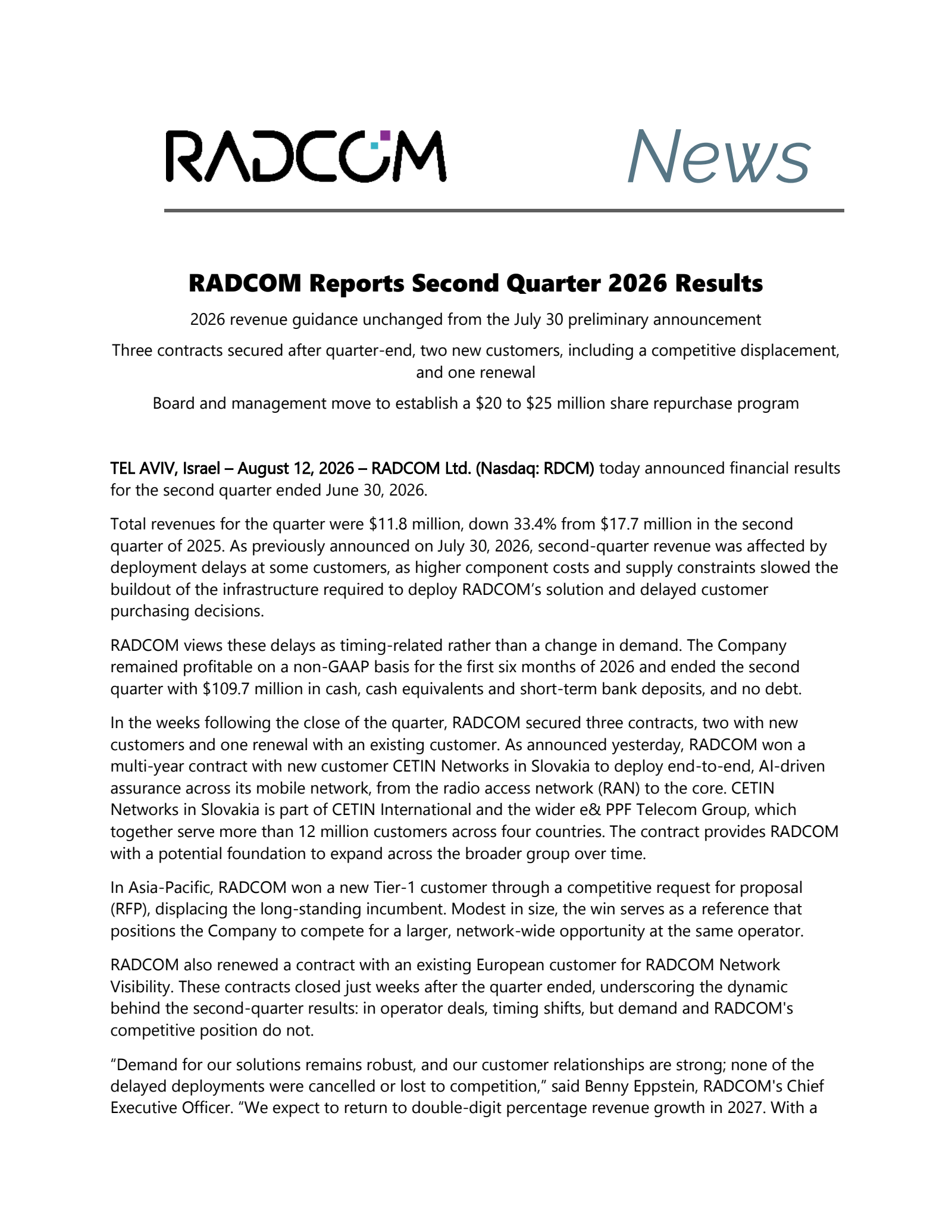 Radcom's Q2 2026 Press Release