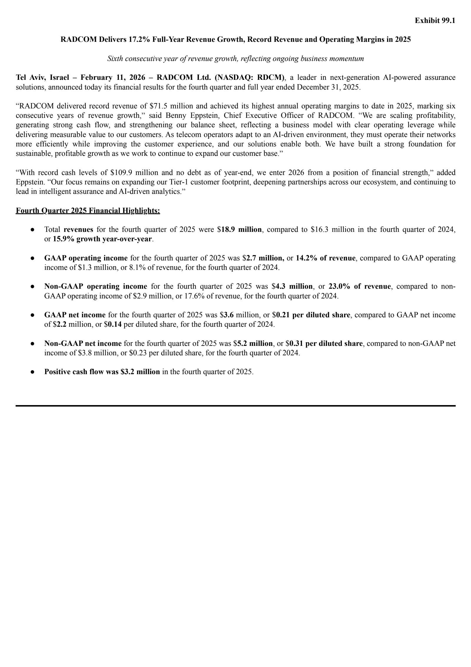 Radcom's Q4 2025 Press Release