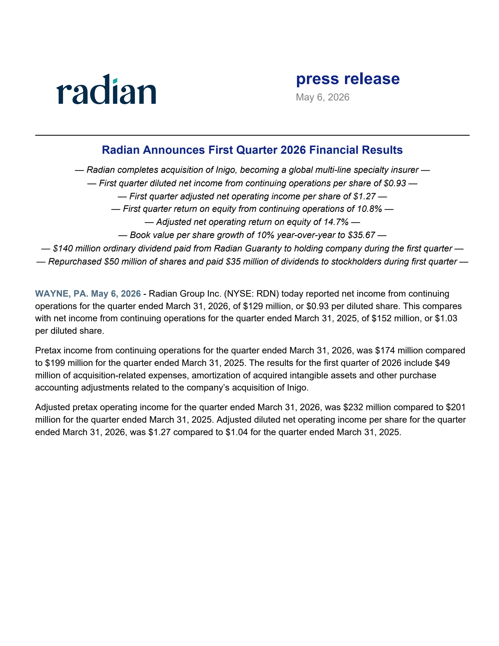 Radian Group's Q1 2026 Press Release