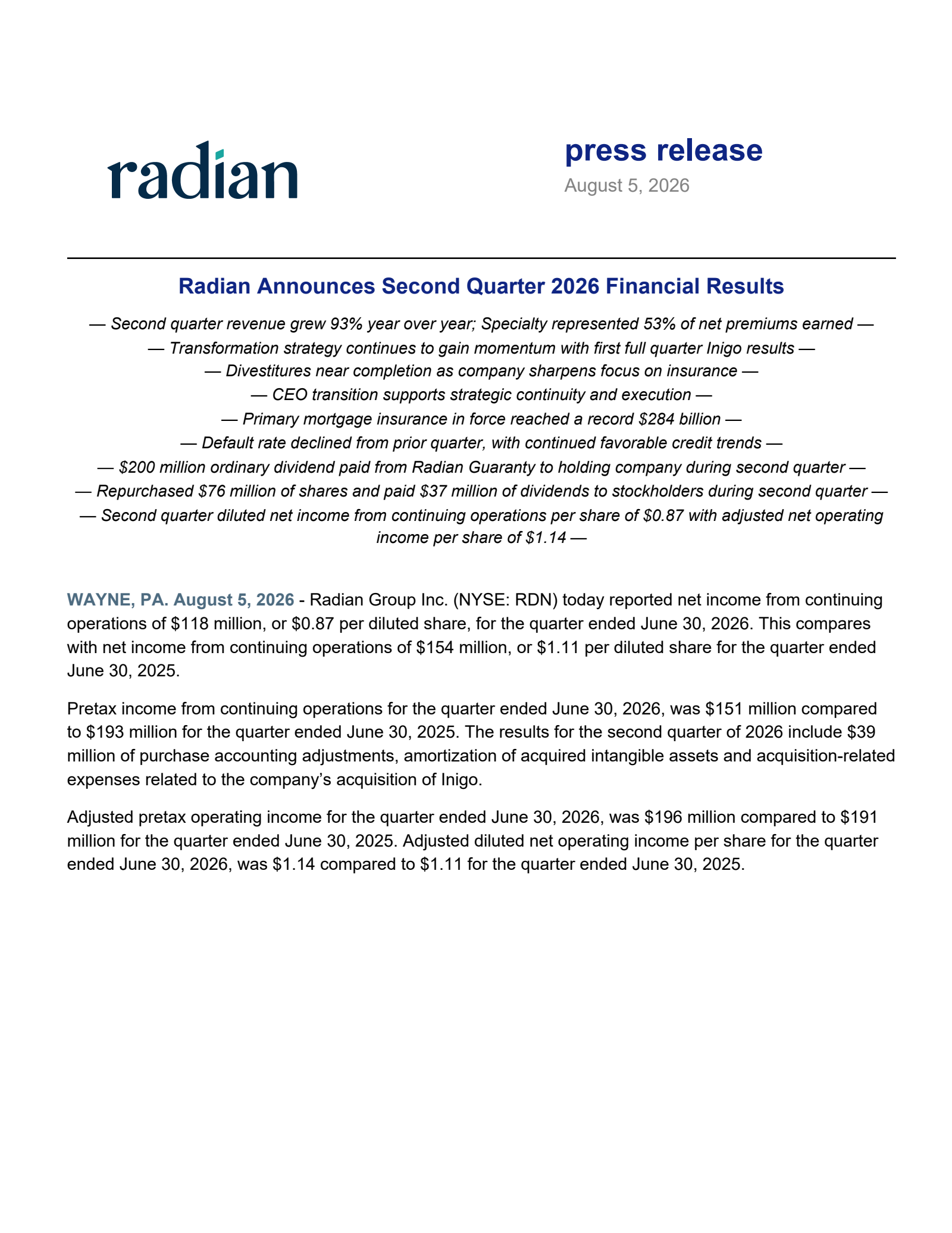 Radian Group's Q2 2026 Press Release